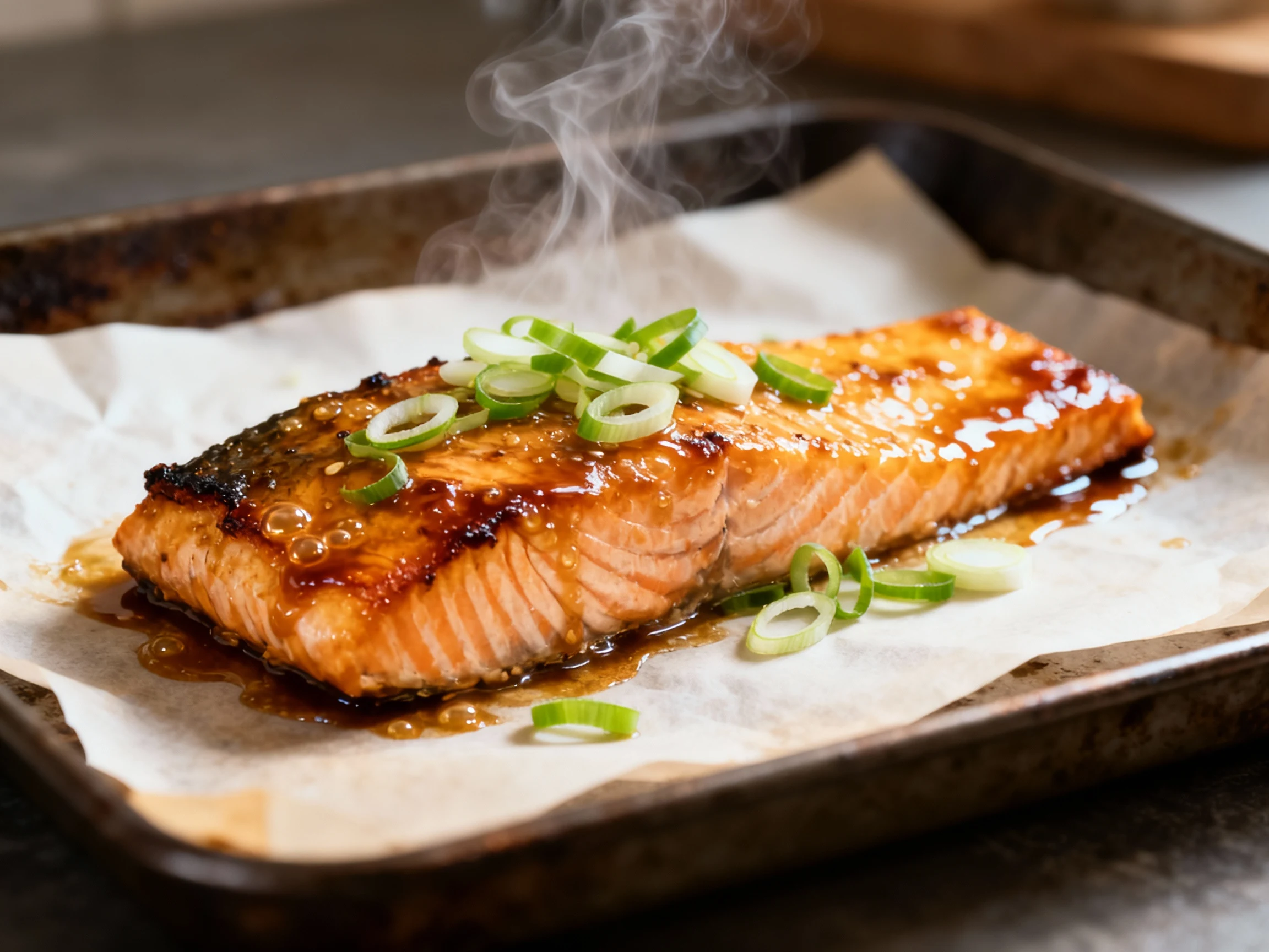 Food photography, 3. Cooking process: just-broiled miso-ginger salmon on a parchment-lined heavy sheet pan, glaze bubbli