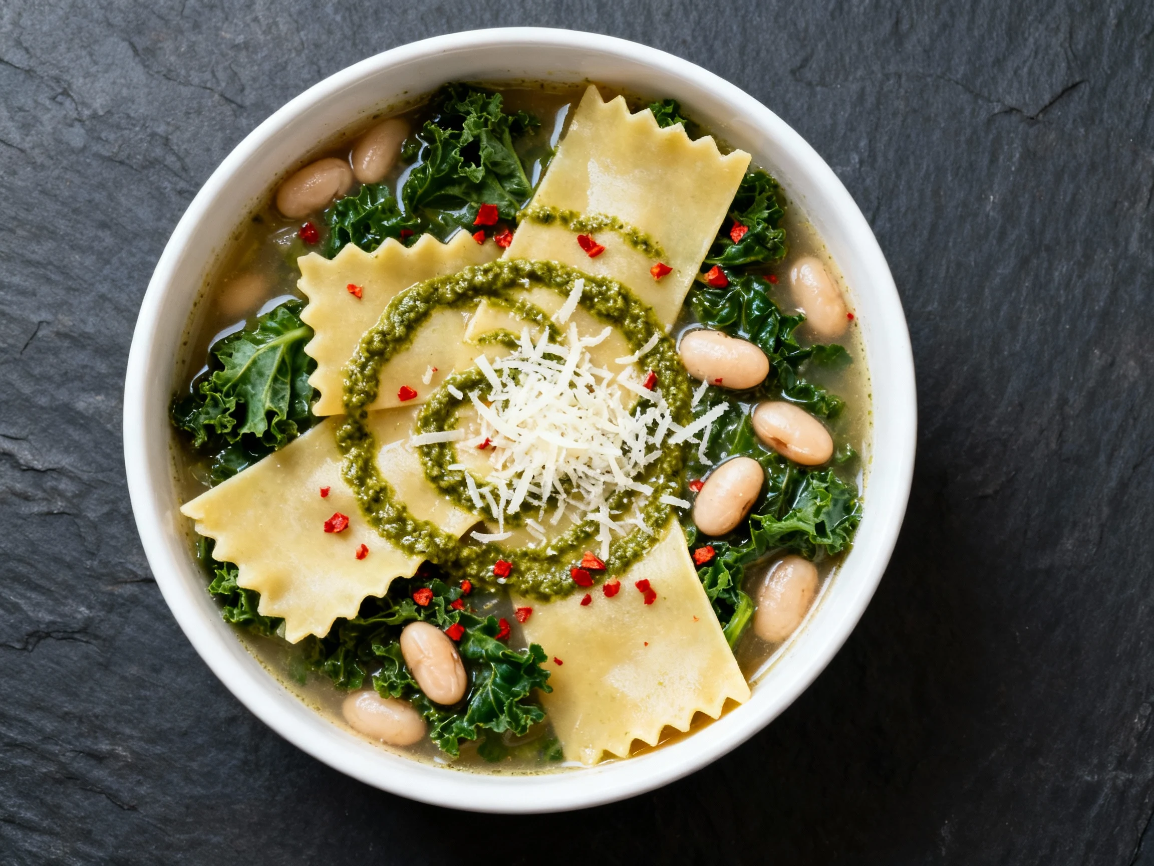 Food photography, Overhead shot of finished vegetarian lasagna soup: lasagna noodle pieces, wilted kale, cannellini bean