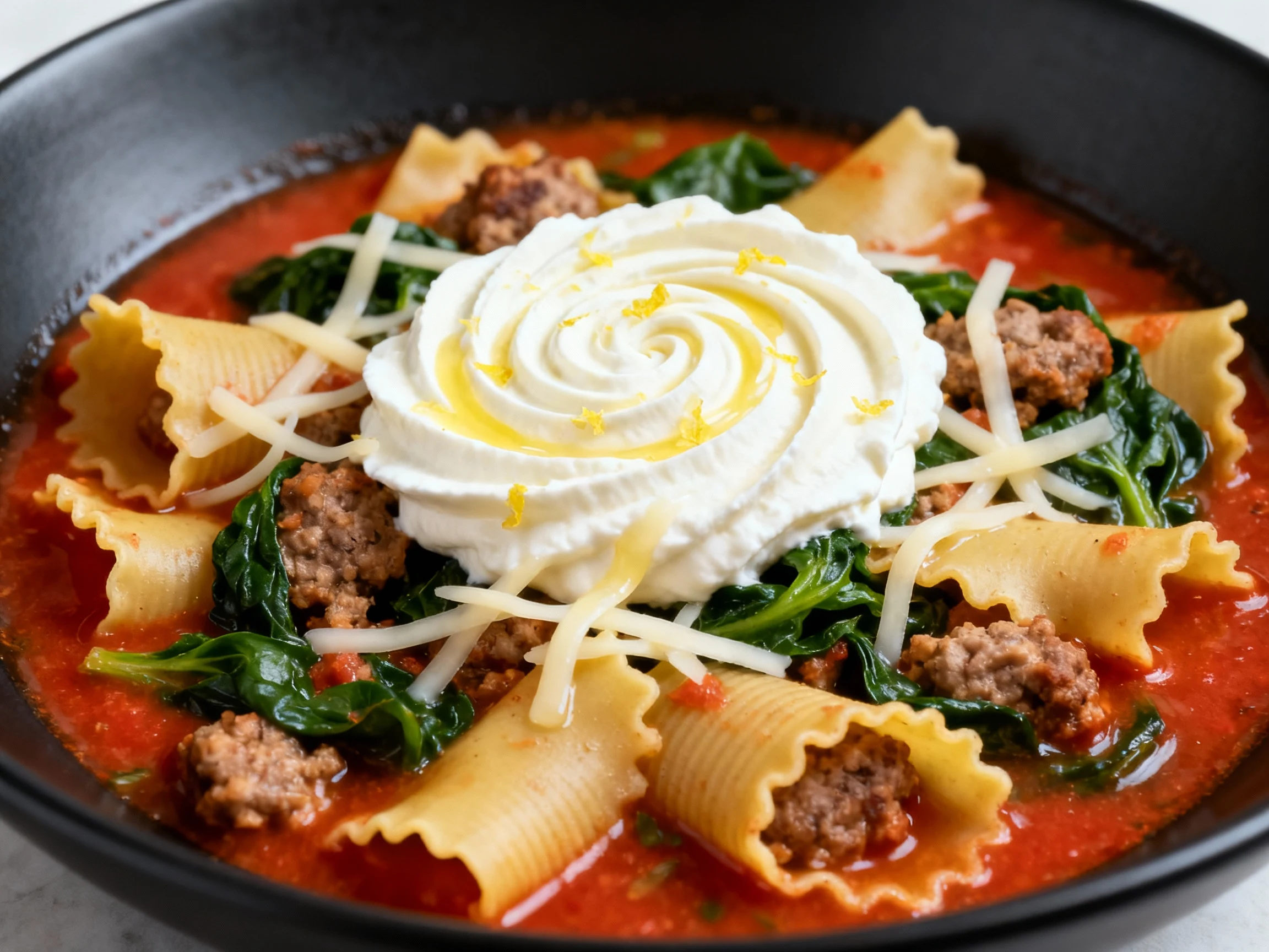 Food photography, Final plated close-up: al dente broken lasagna noodles with sausage and wilted spinach in vibrant toma