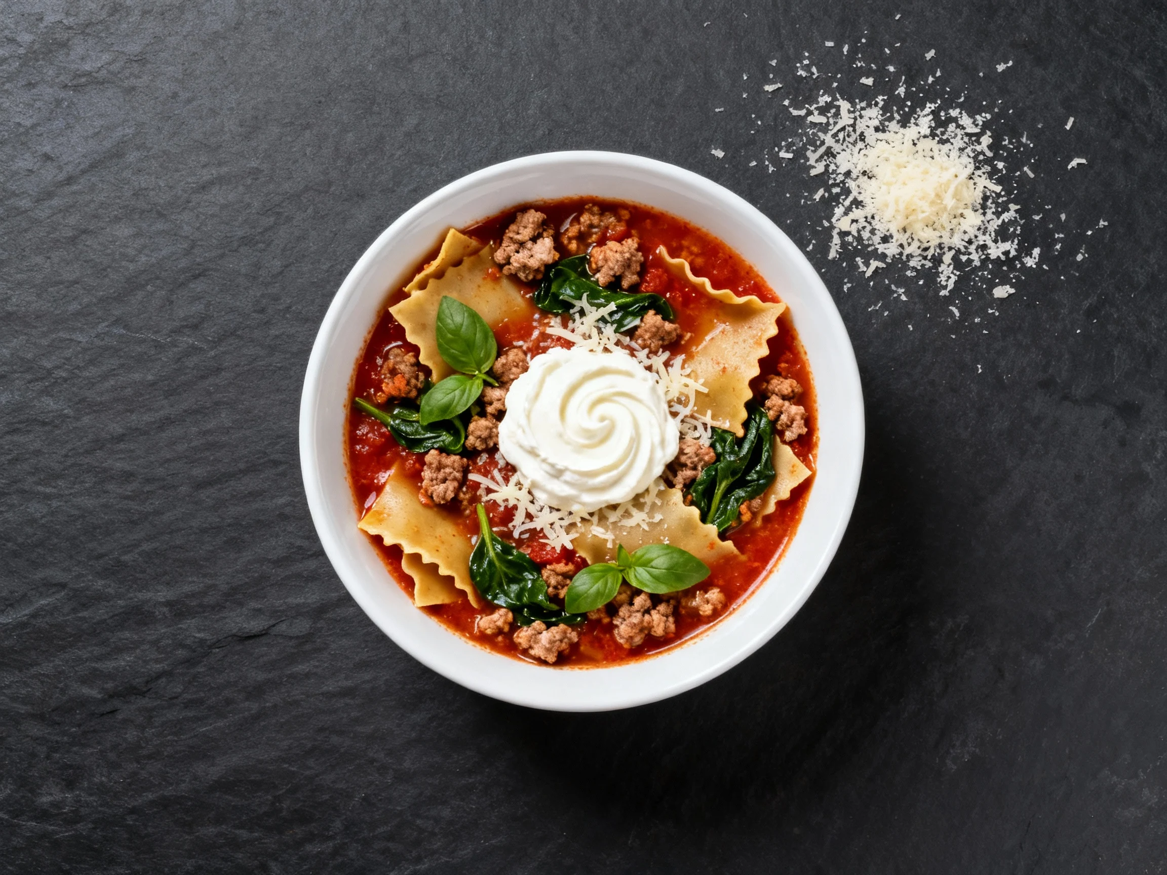 Food photography, 3. Tasty top view final dish: Overhead shot of a white bowl filled with high protein lasagna soup—visi