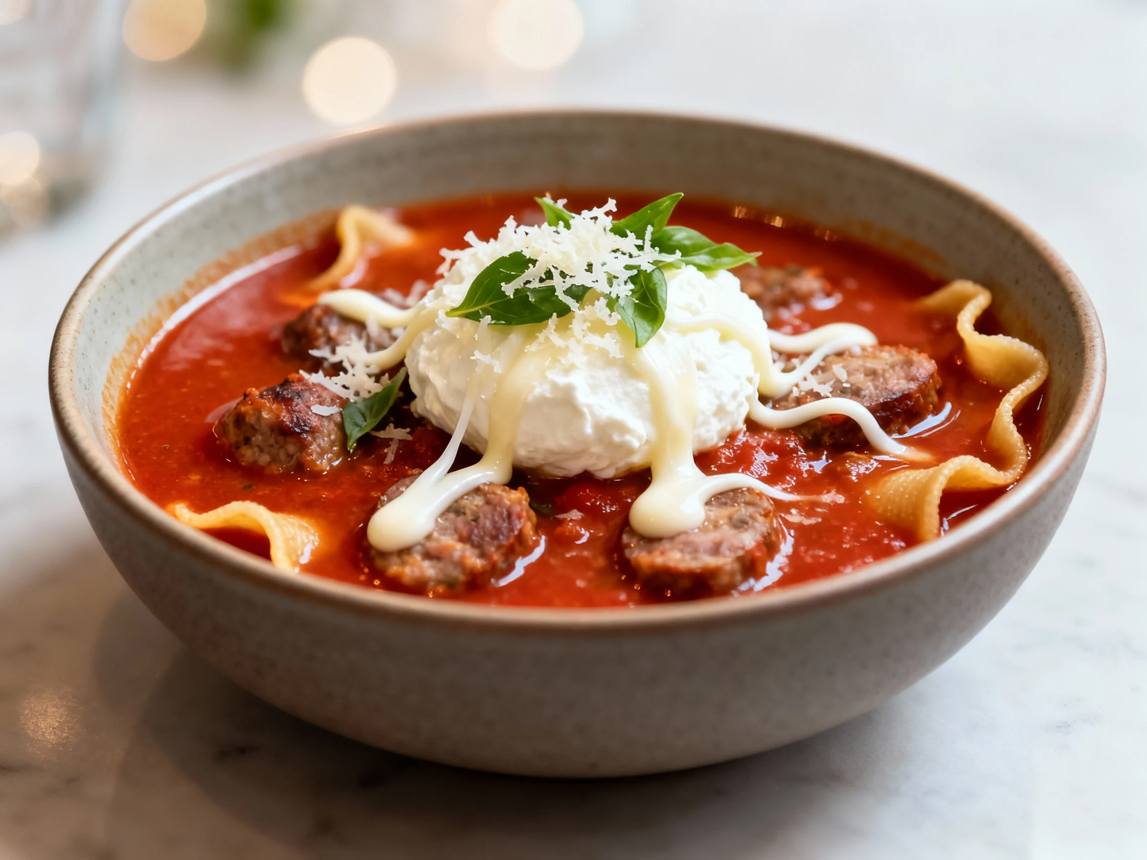 Food photography, Final plated bowl of gluten-free lasagna soup: glossy tomato broth with sausage and noodle edges, crow
