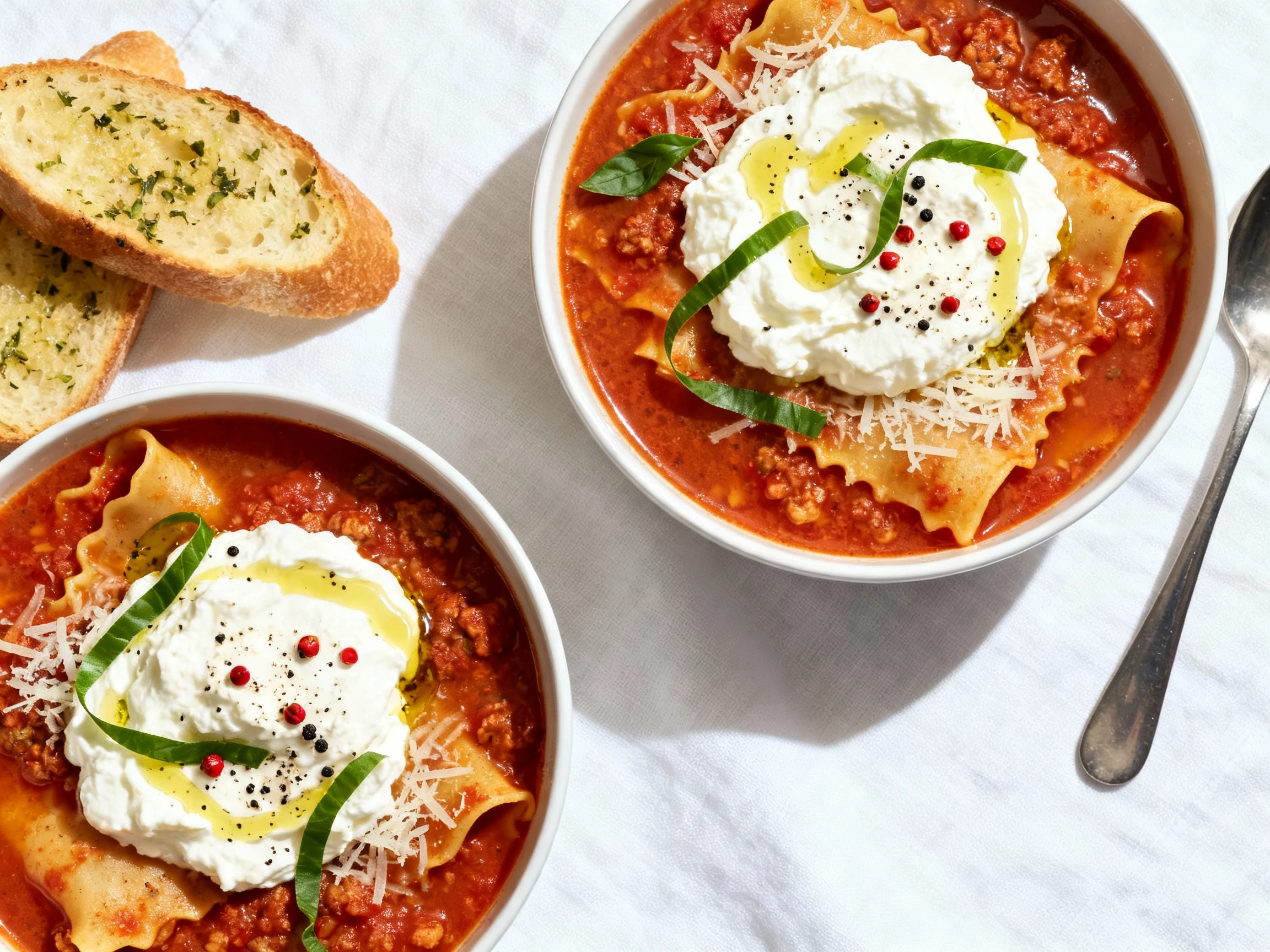 Food photography, Overhead shot of two bowls of lasagna soup with generous whipped ricotta topping, olive oil drizzle, c