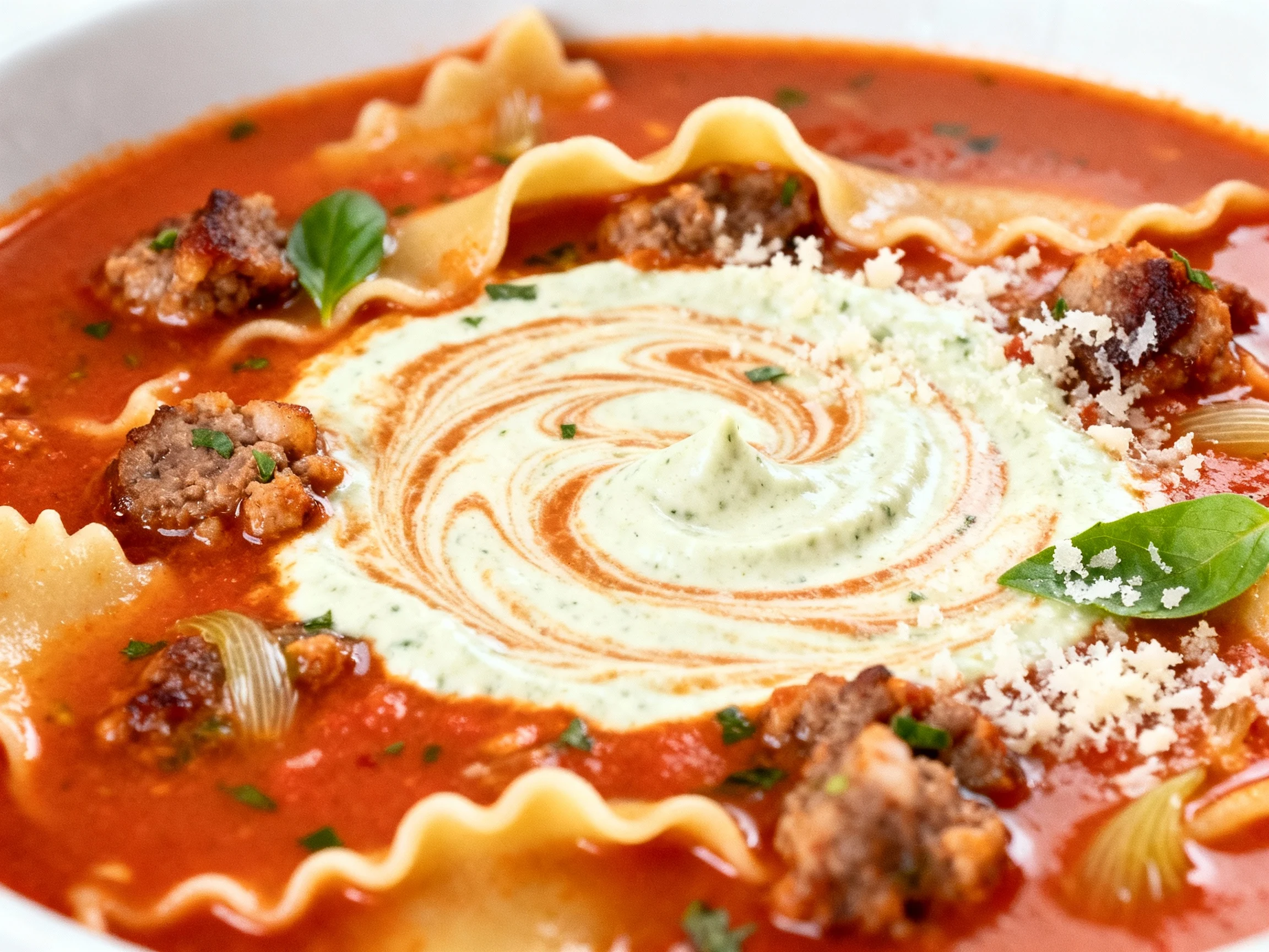 Food photography, 3. Close-up detail: Macro of the creamy cashew “ricotta” swirl marbling into the tomato broth—crisp sa