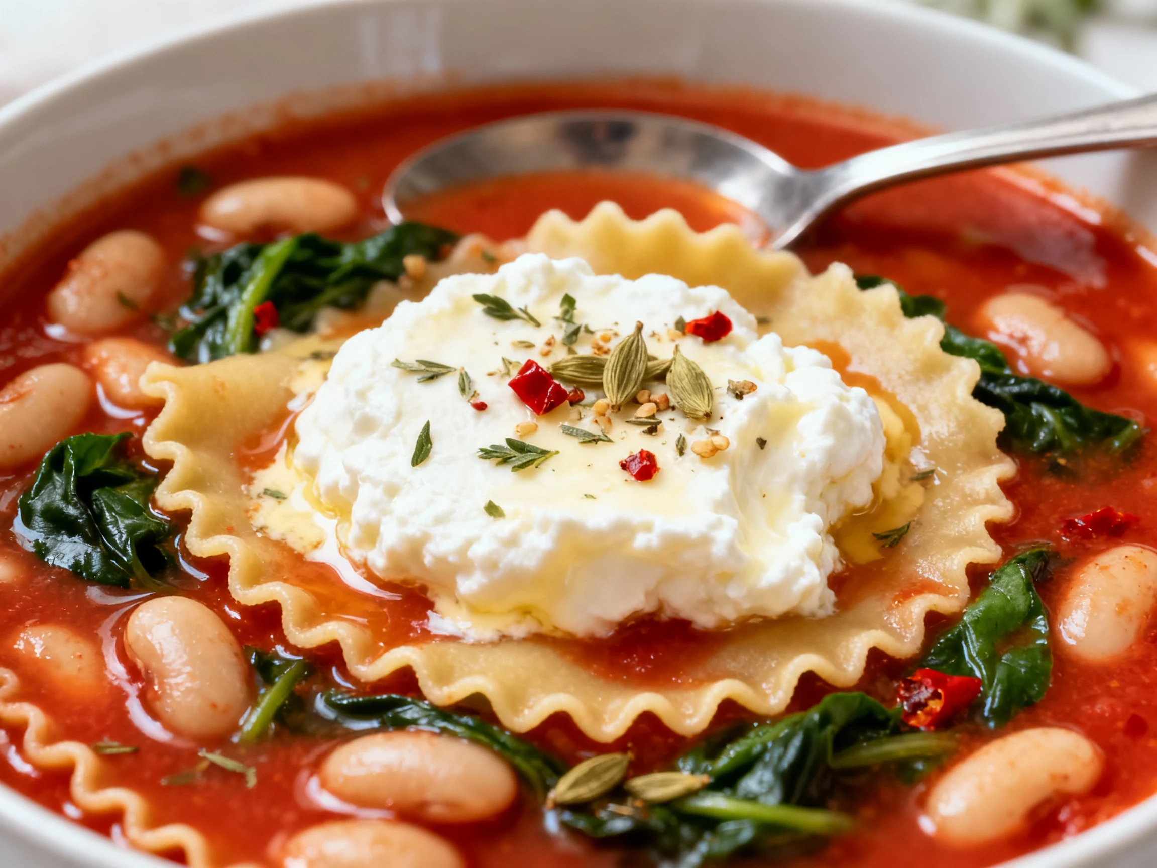 Food photography, Macro close-up of the cheesy ricotta cloud melting into glossy tomato broth—ruffled noodle edge, canne