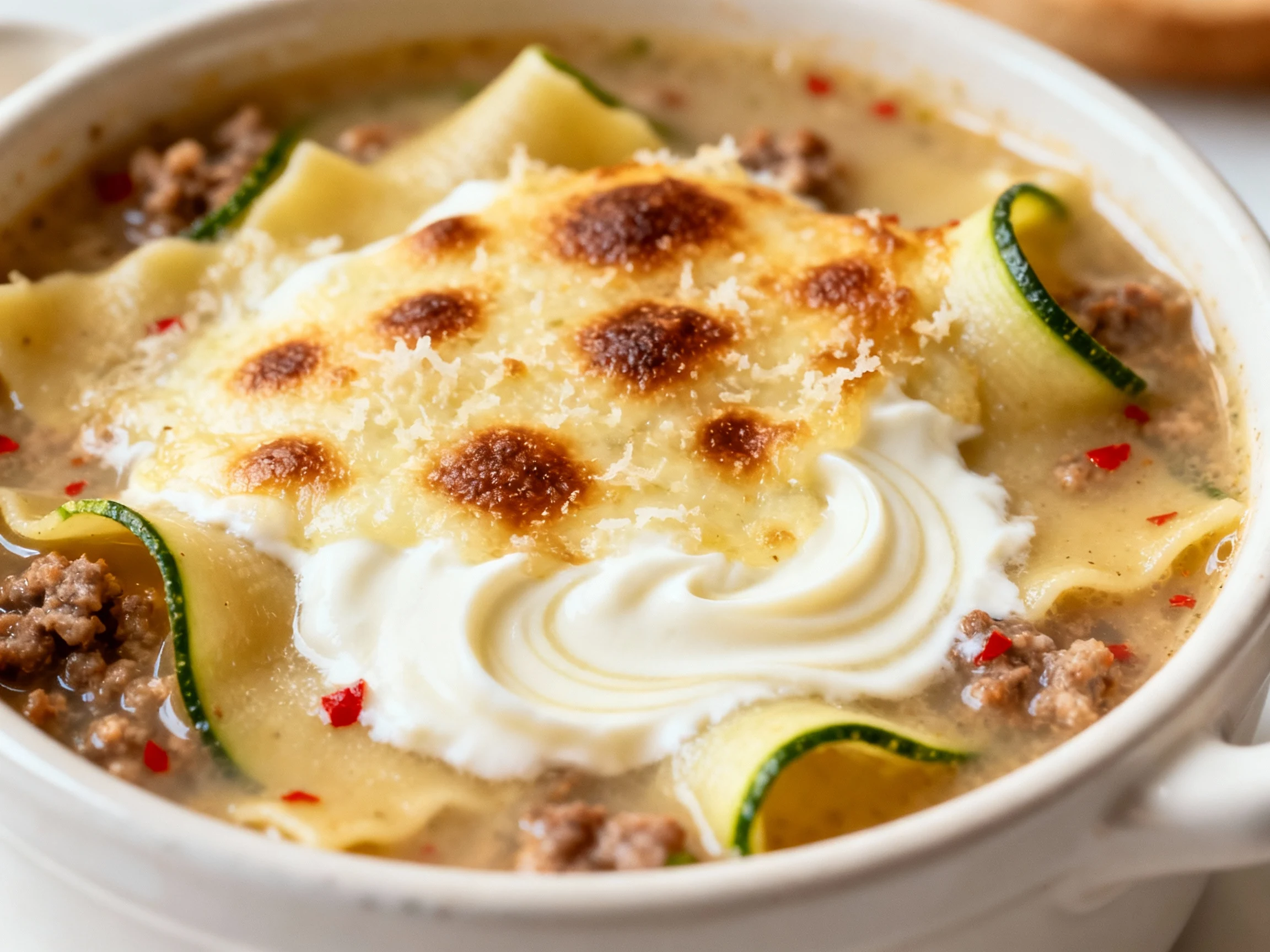 Food photography, Close-up detail: Broiler-finished lasagna soup in a small crock with a spotty brown mozzarella-parmesa