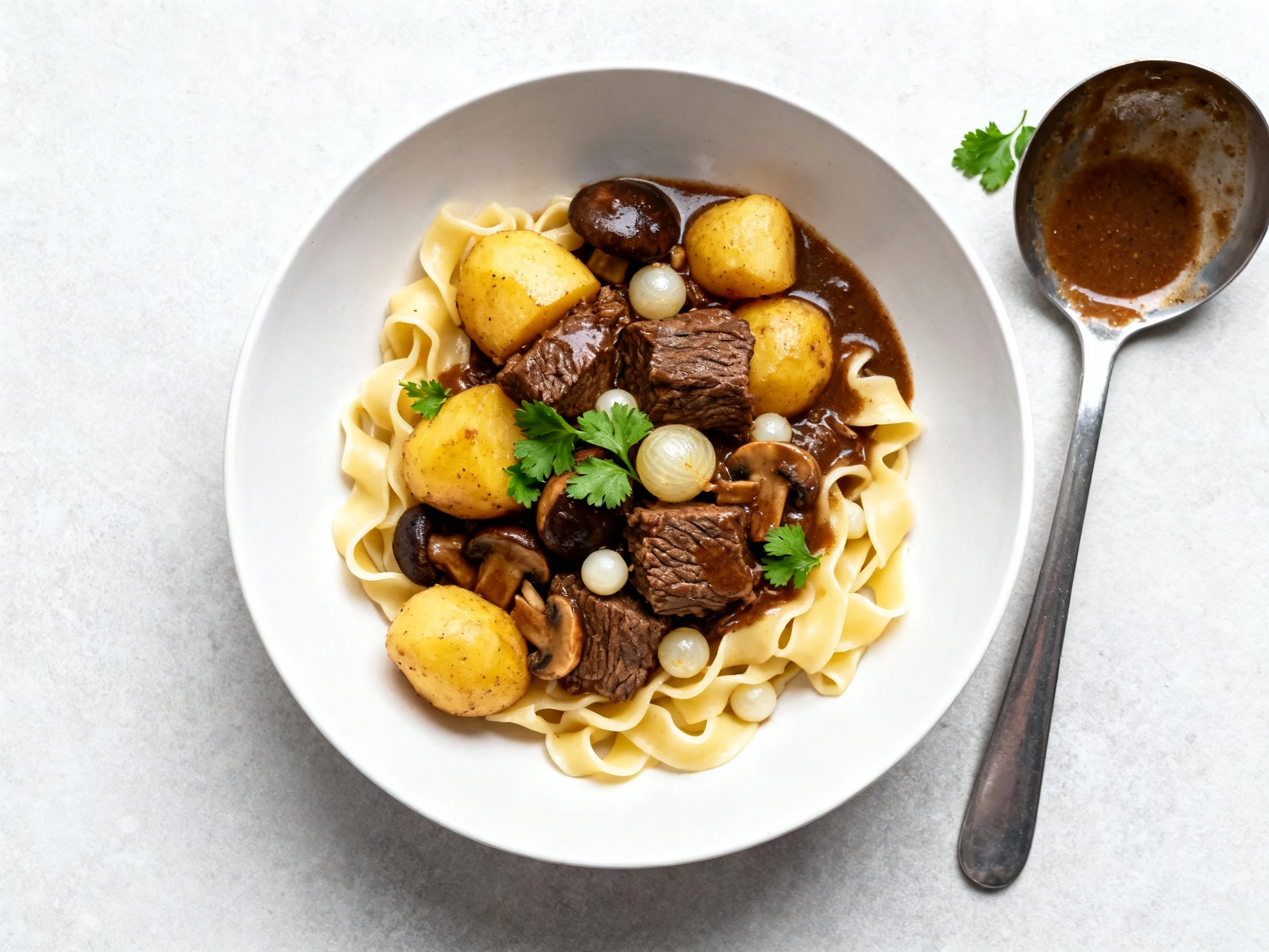 Food photography, 3. Overhead shot of the finished stew spooned over buttered egg noodles: deep brown beef, golden potat