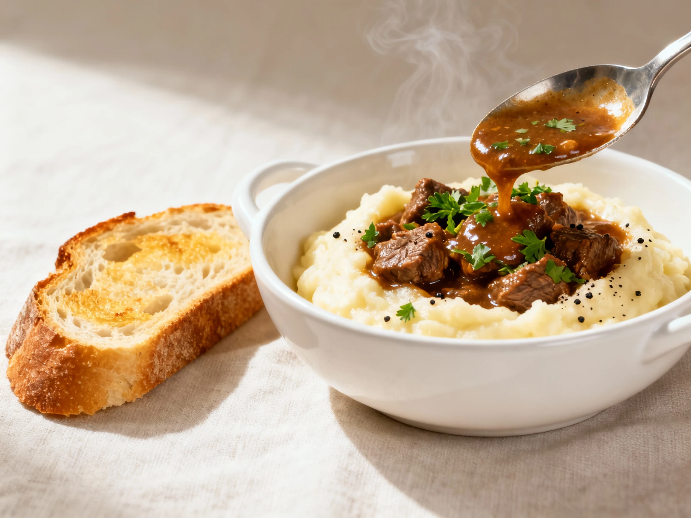 Food photography, 3. Final plated bowl: beef stew ladled over creamy mashed potatoes, spoon-coating sauce, garnished wit