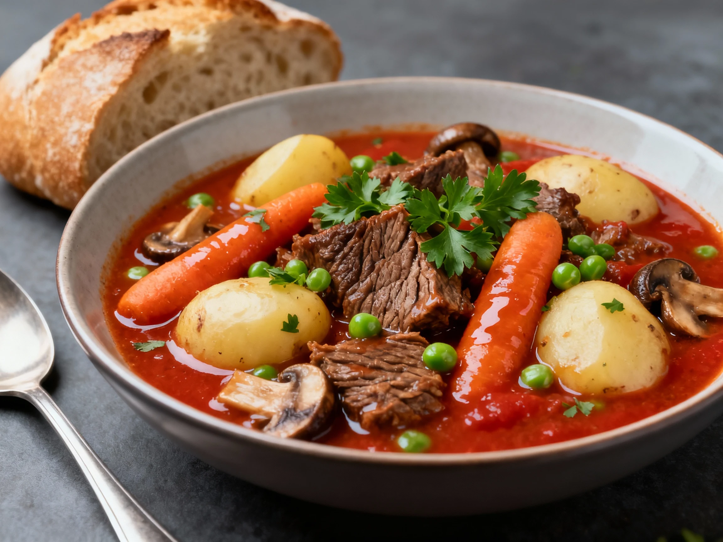 Food photography, Final dish presentation: Deep bowl of oven beef stew—fork-tender beef in a silky tomato-Worcestershire