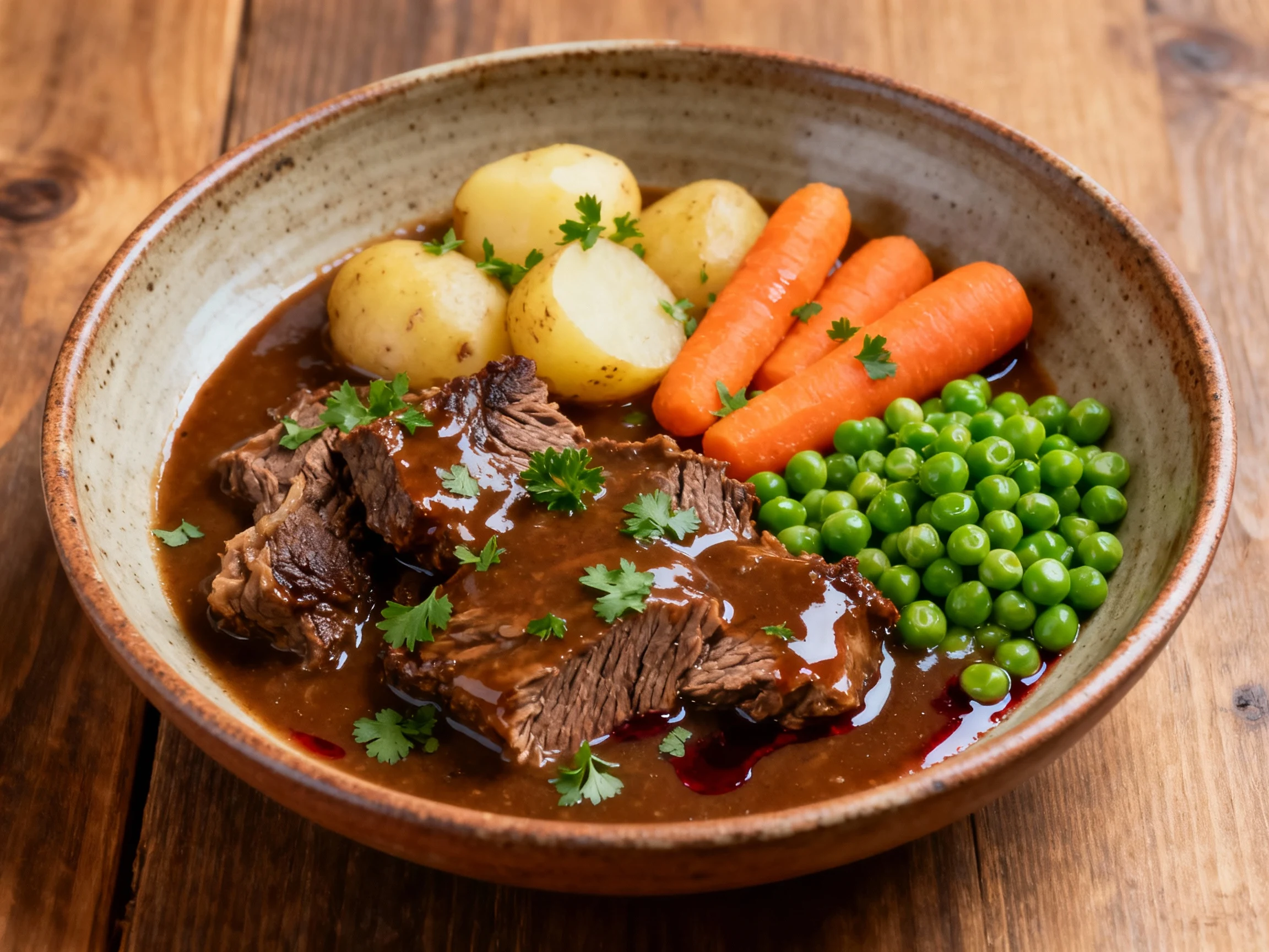 Food photography, Final plated Dutch oven beef stew: thick, glossy gravy coating fork-tender beef, carrots, potatoes, an