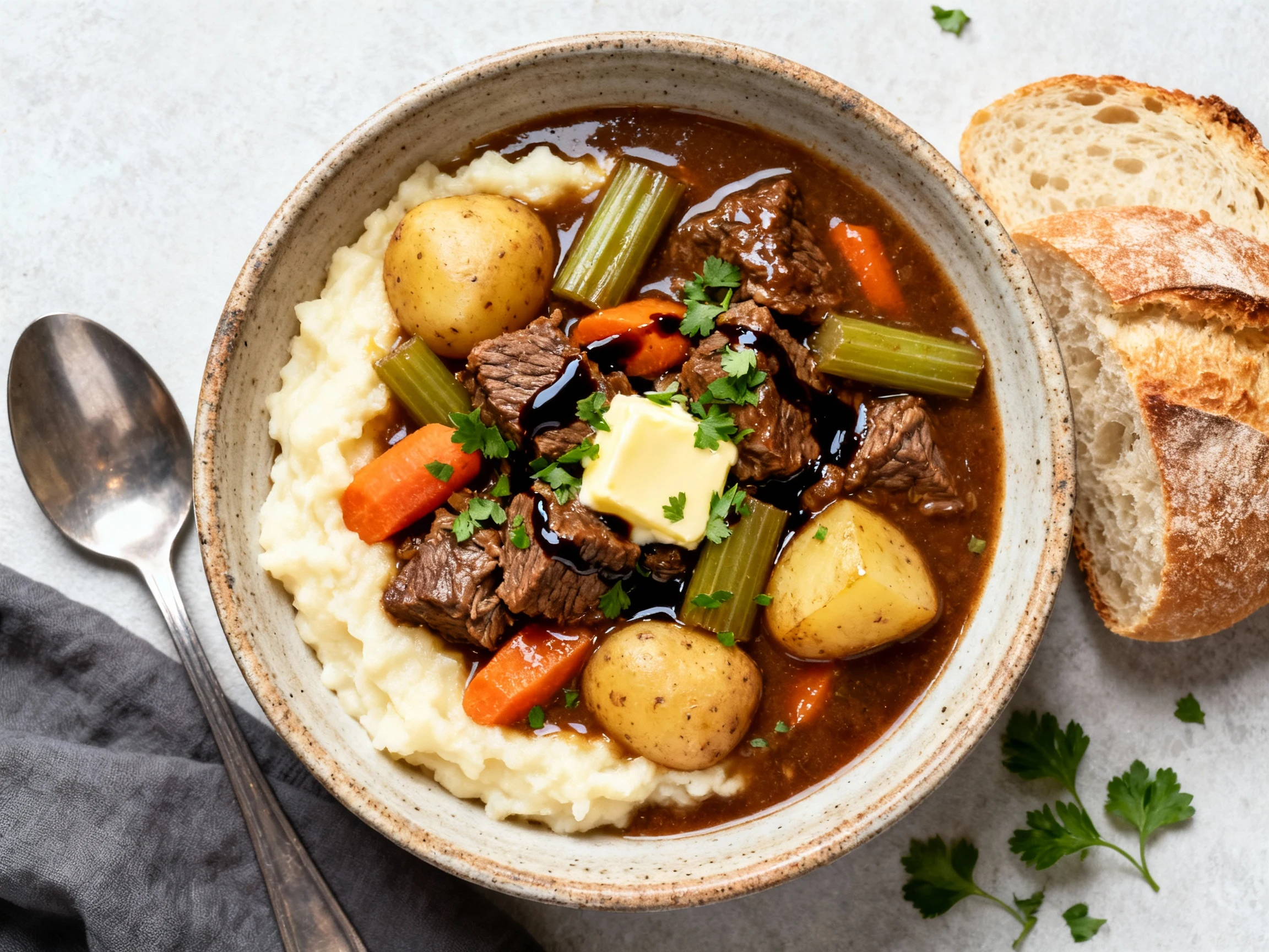 Food photography, Overhead final presentation: Instapot beef stew served in a rustic bowl (or over creamy mashed potatoe