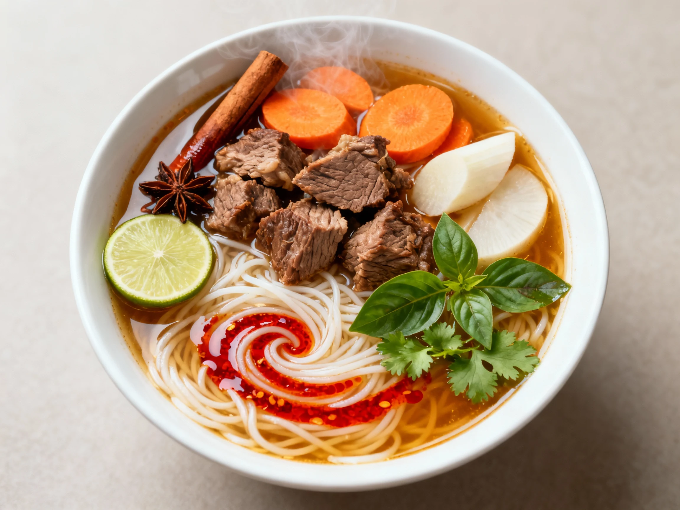 Food photography, Tasty top view: Overhead shot of noodle-shop style Vietnamese beef stew over rice noodles; glossy brot