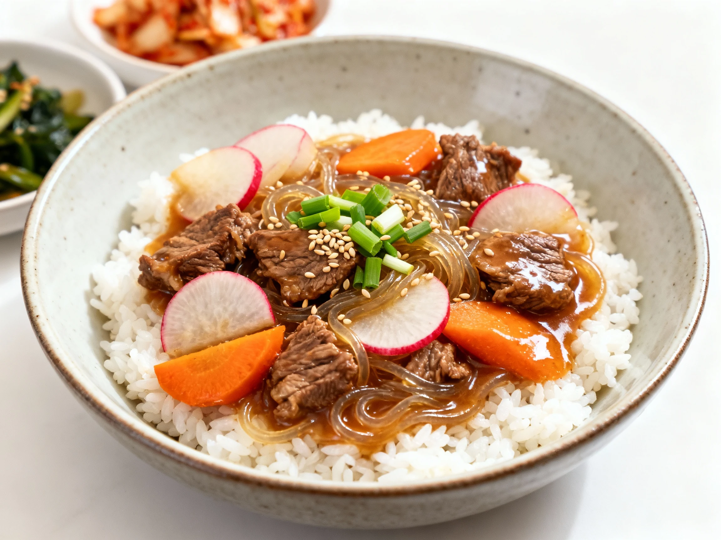 Food photography, Top-down final plate: ceramic bowl of Korean beef stew over hot white rice—beef, radish/daikon, carrot