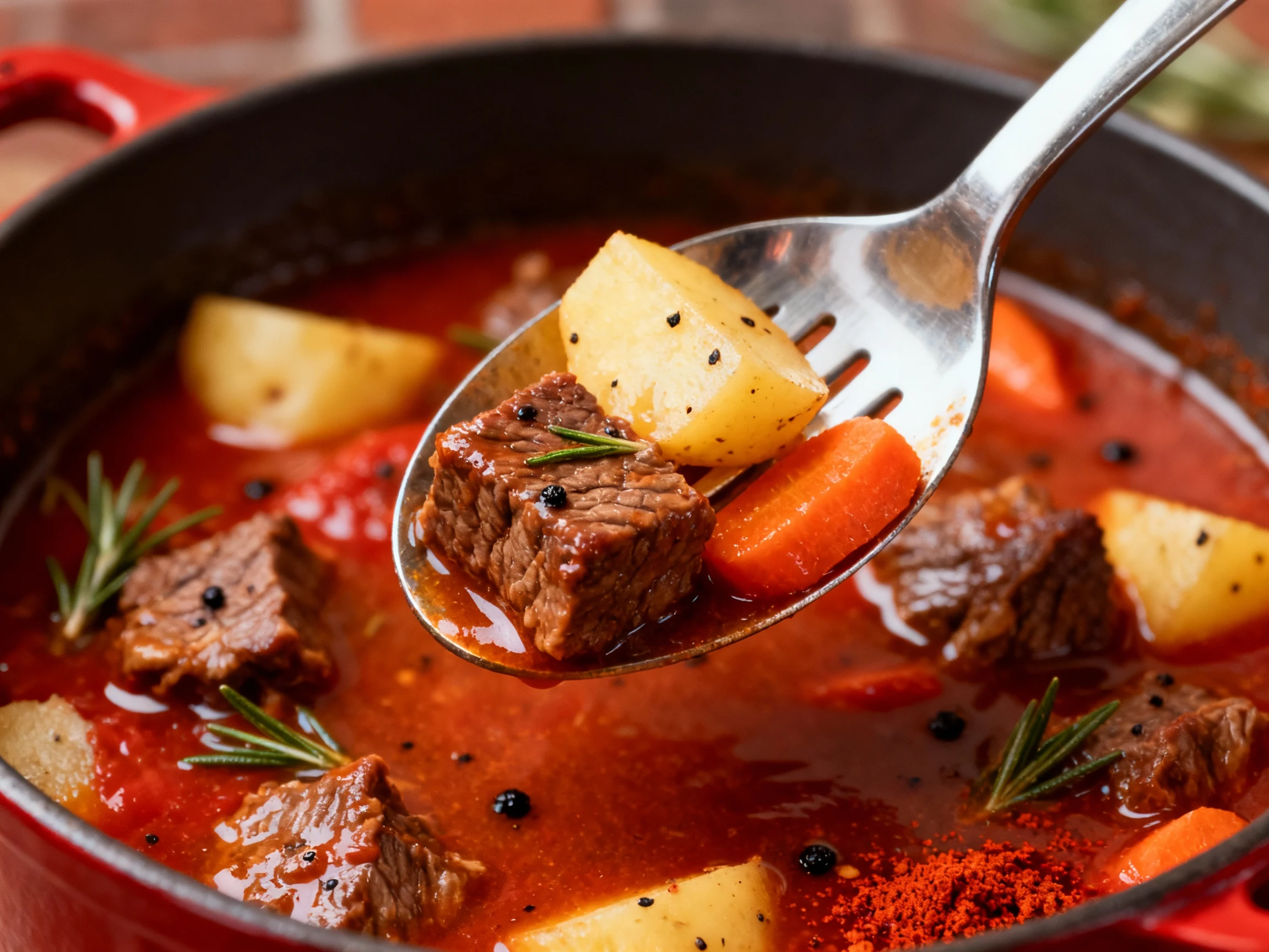 Food photography, Extreme close-up of a stainless ladle lifting a cube of fork-tender beef with a potato chunk and carro