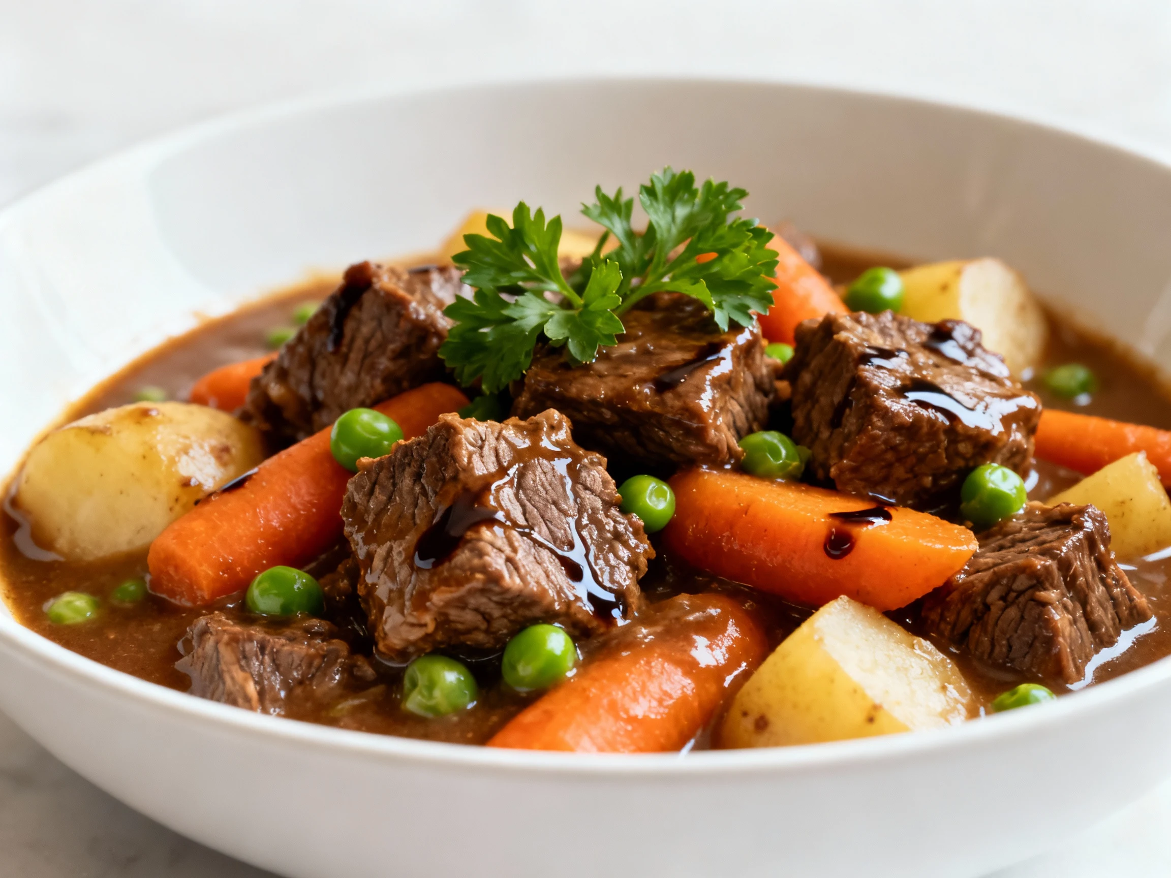 Food photography, Final plated presentation: deep white bowl of braised beef stew with a glistening, fork-tender beef cu