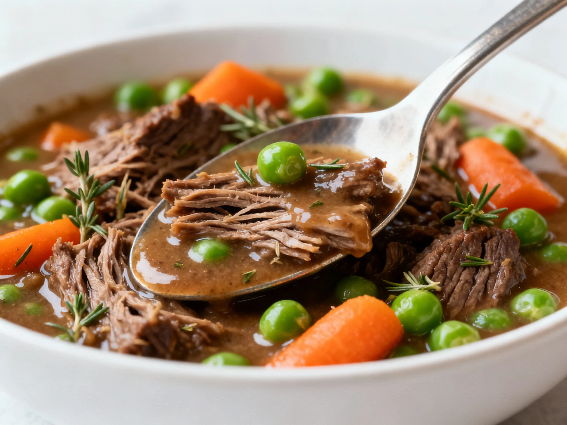 Food photography, Close-up detail of a spoon resting in the bowl, mounded with stew showing fork-tender beef fibers, vel