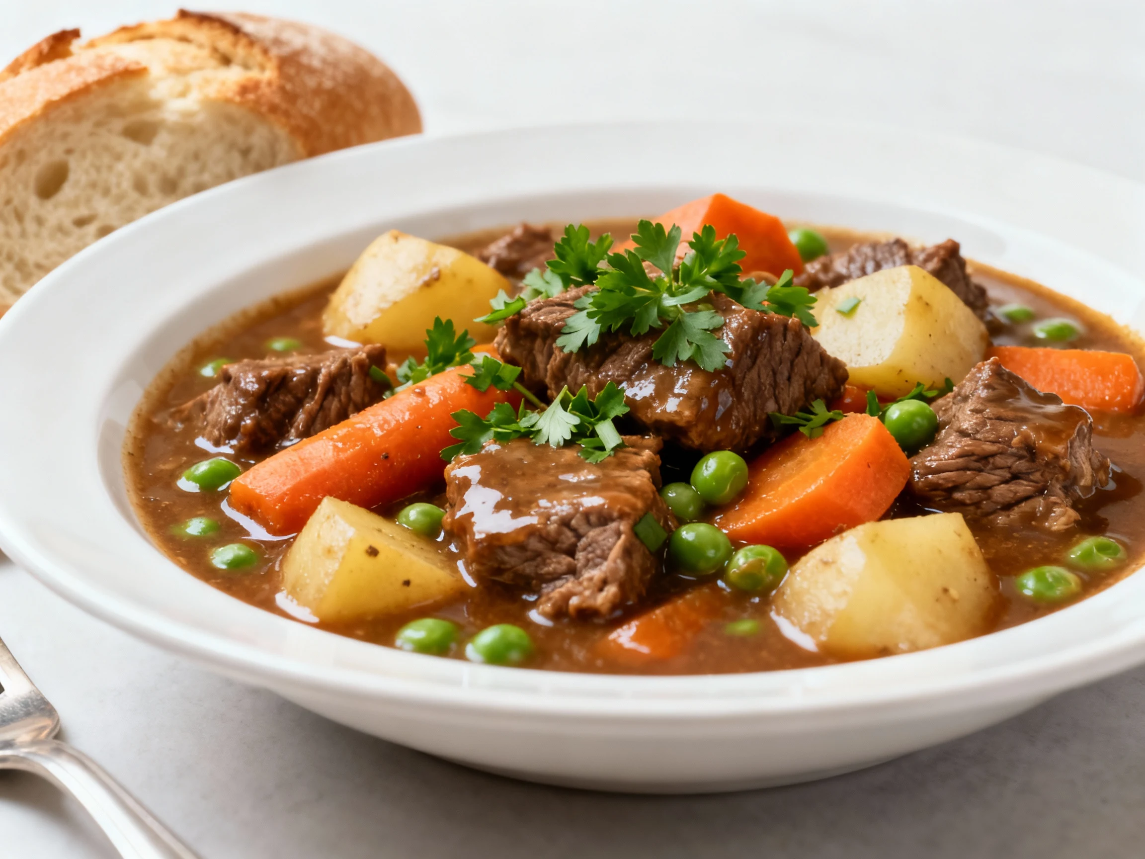 Food photography, Final dish presentation: Beautifully plated bowl of beef stew with tender chunks, carrots, potatoes, p