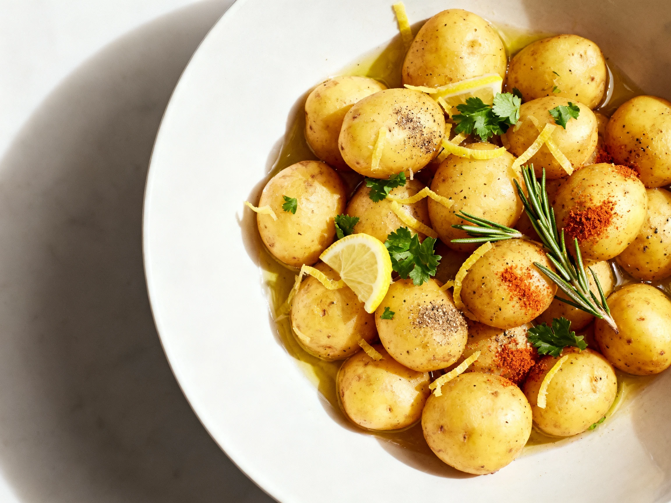 Food photography, Tasty top view: beautifully plated golden baby potatoes in a wide white bowl, finished with lemon zest