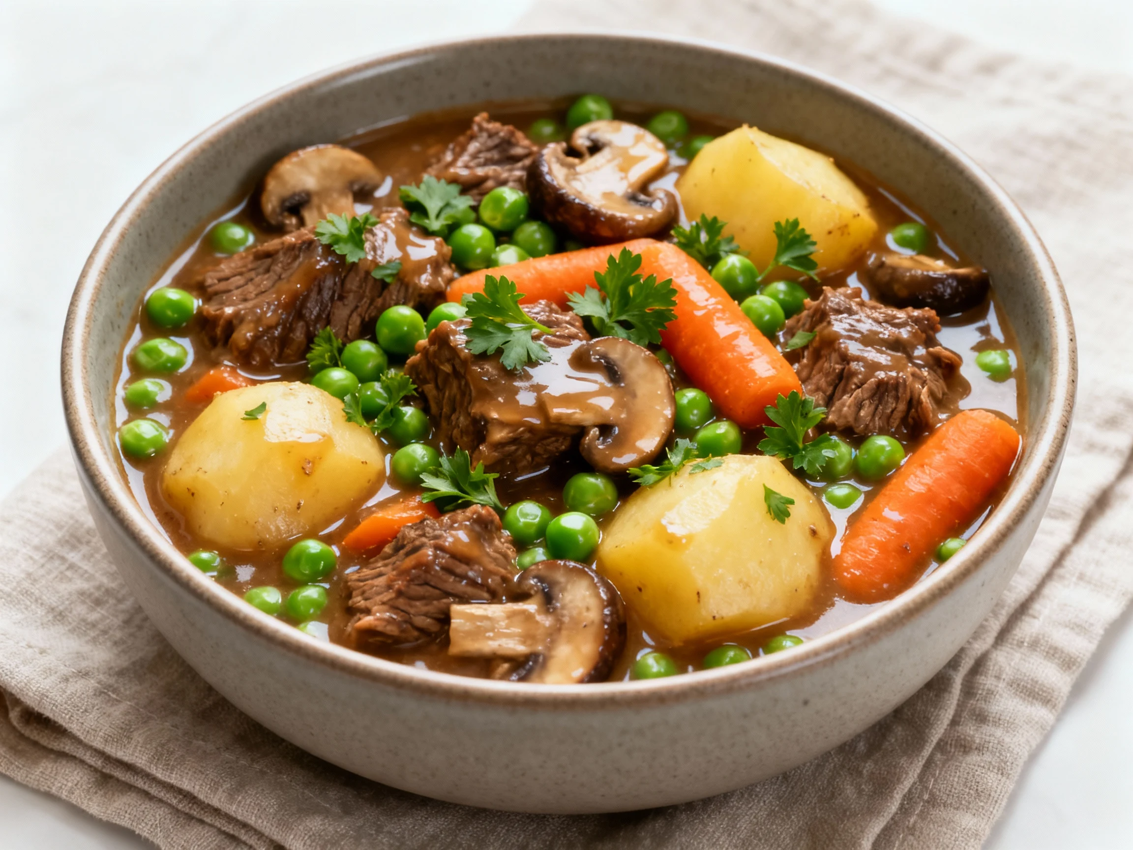 Food photography, Overhead final presentation: bowl of slow cooker beef stew with medium-thick cornstarch-glossy sauce, 