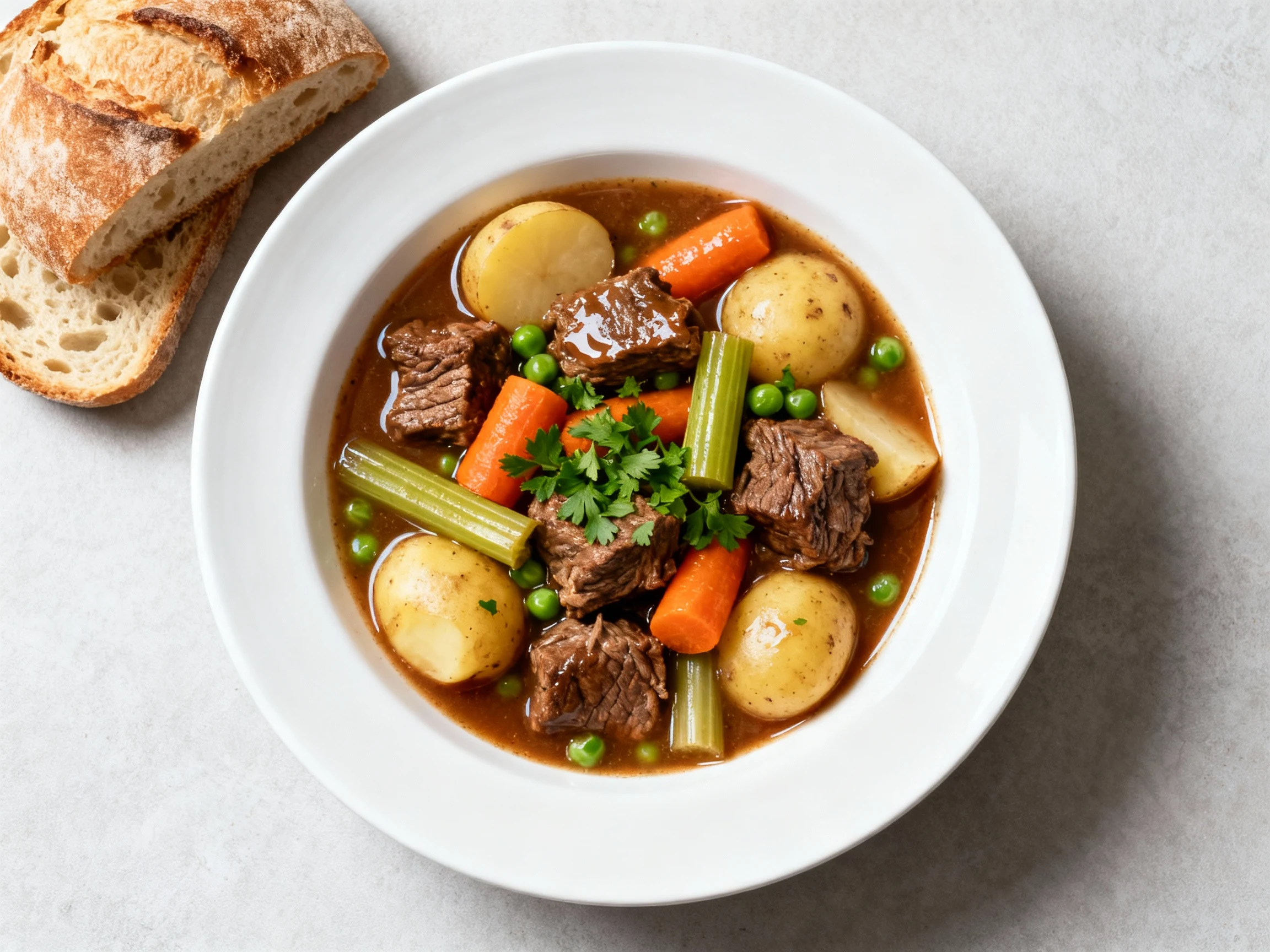 Food photography, Overhead final dish: simple beef stew in a wide white bowl—chunky beef, carrots, Yukon Gold potatoes, 