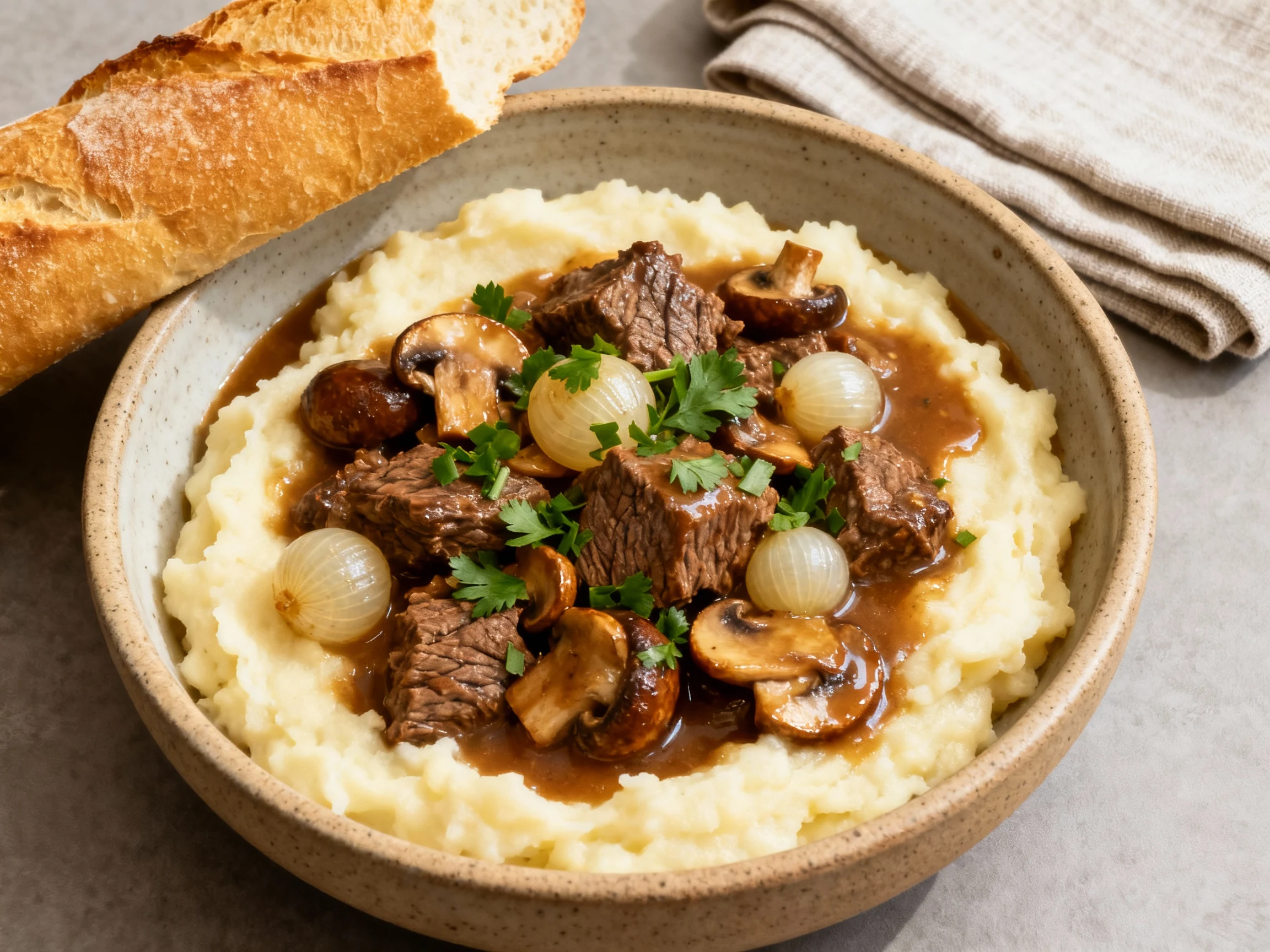 Food photography, Overhead shot of French beef stew ladled over creamy mashed potatoes in a warm stoneware bowl, showing
