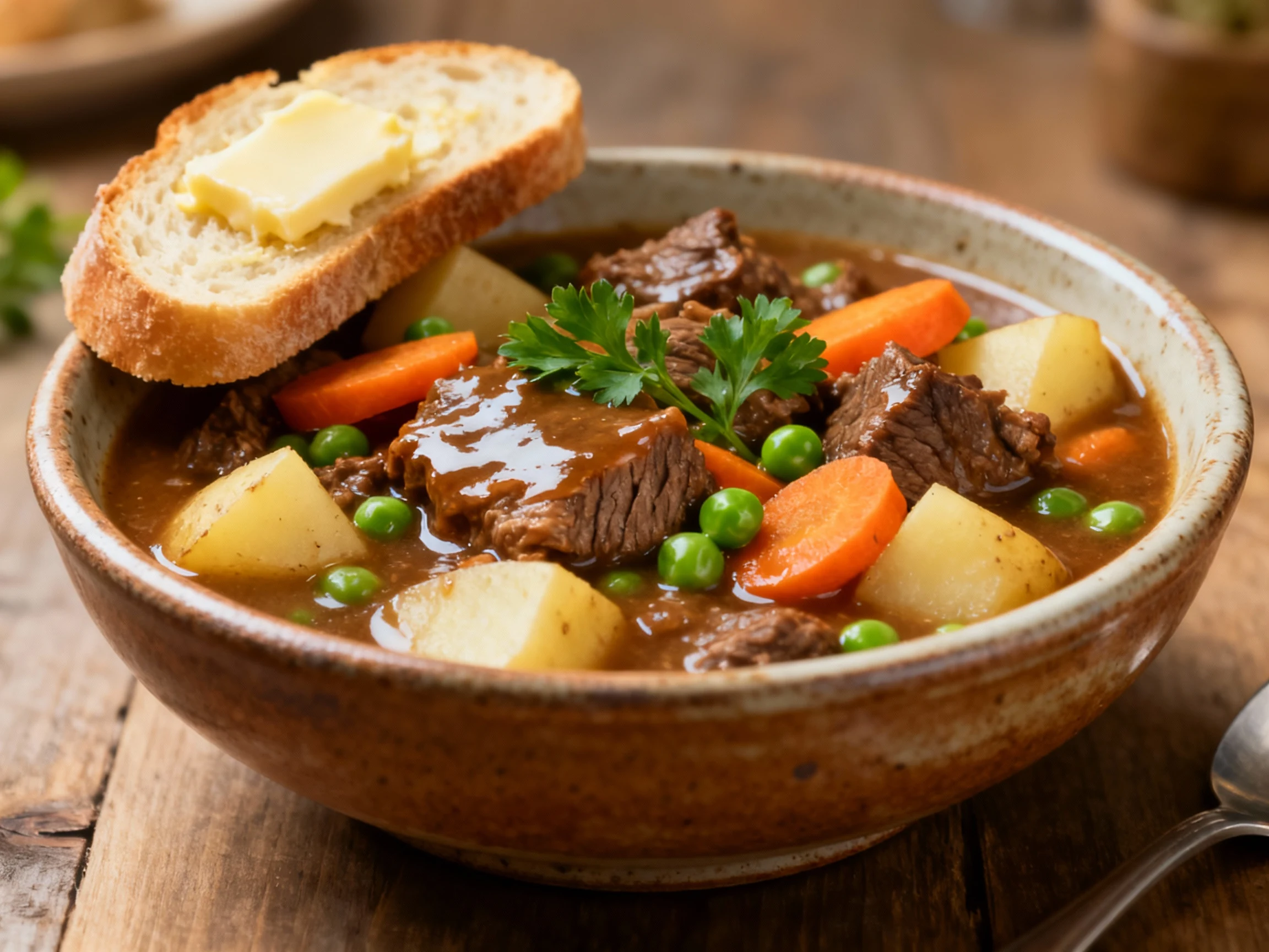 Food photography, Final presentation: rustic ceramic bowl of beef stew with thick, glossy gravy, tender beef, carrot coi