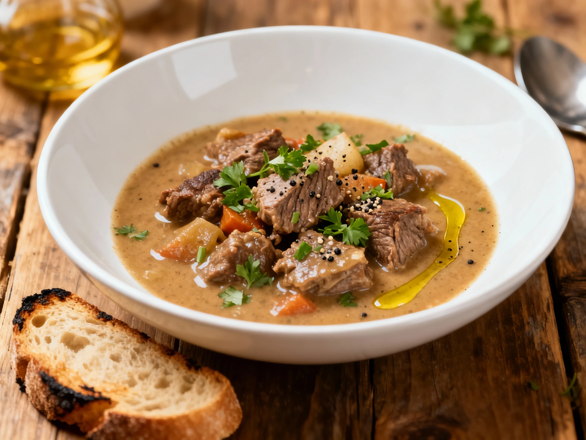 Food photography, Beautifully plated beef stew in a wide white bowl, chunky beef and vegetables coated in silky umami-ri
