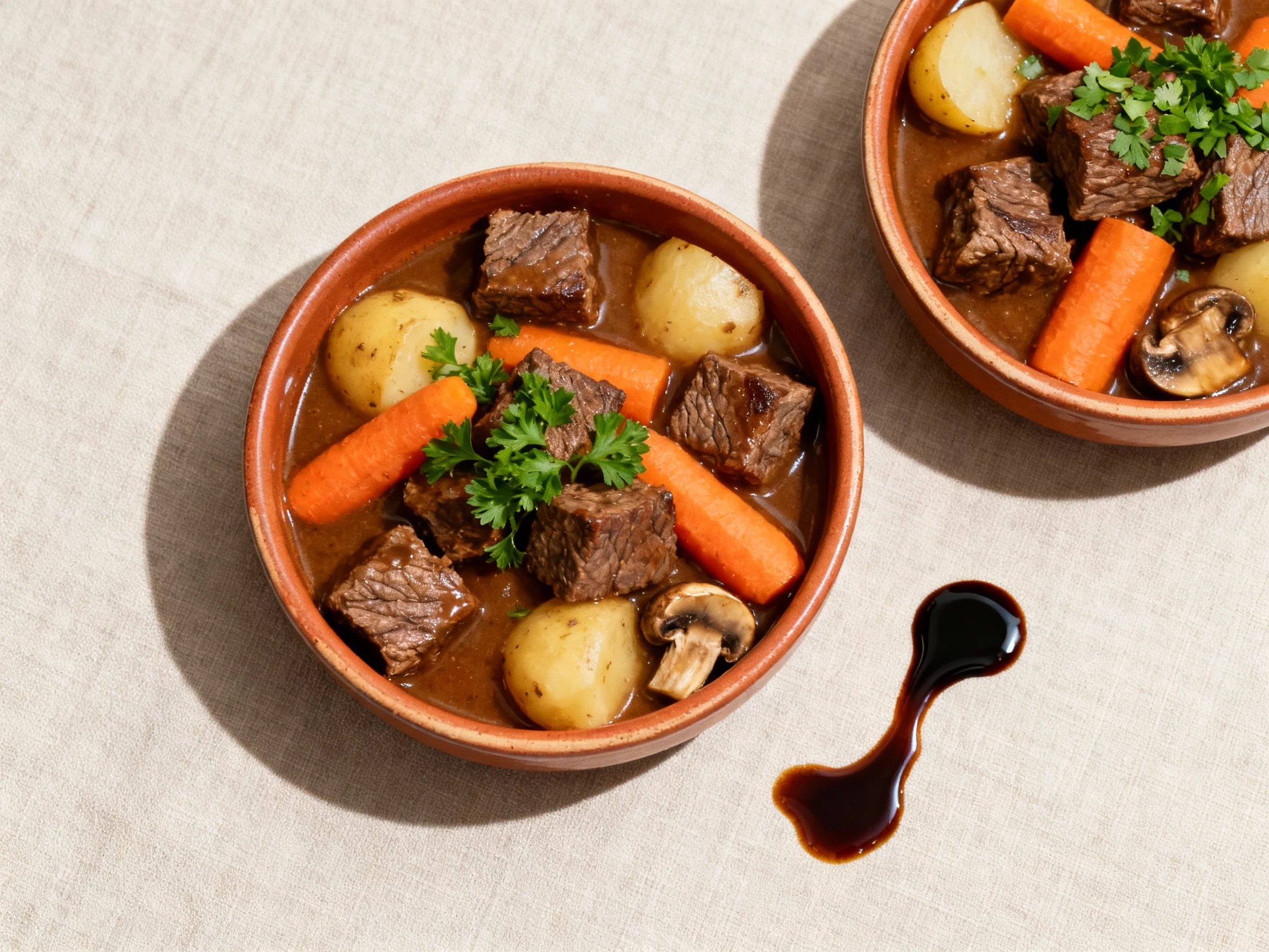 Food photography, Top-down shot of homemade beef stew in warm stoneware bowls: rich brown gravy, evenly sized beef cubes
