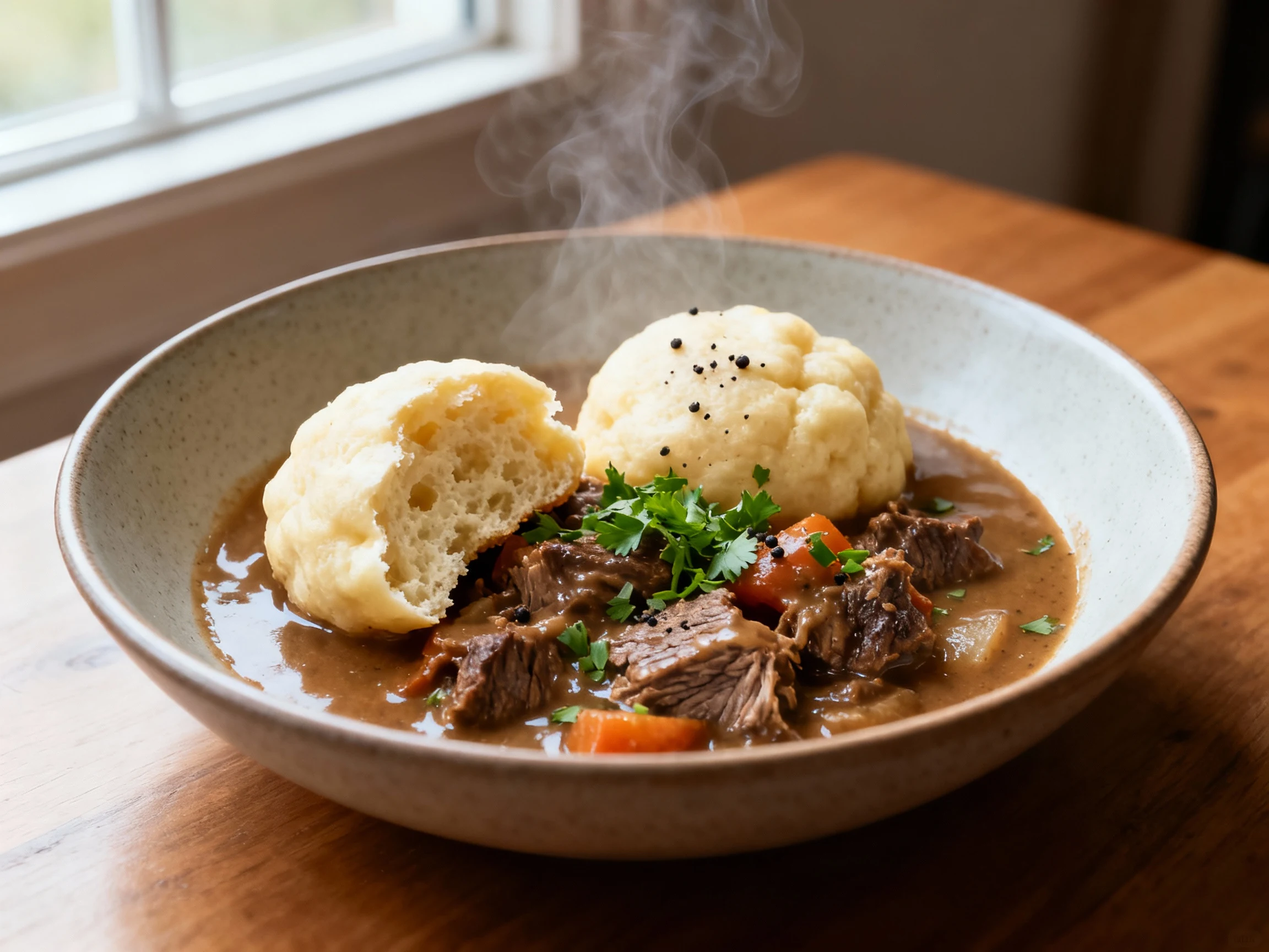 Food photography, Beautifully plated bowl of beef stew with two fluffy dumplings (one gently split to show airy interior