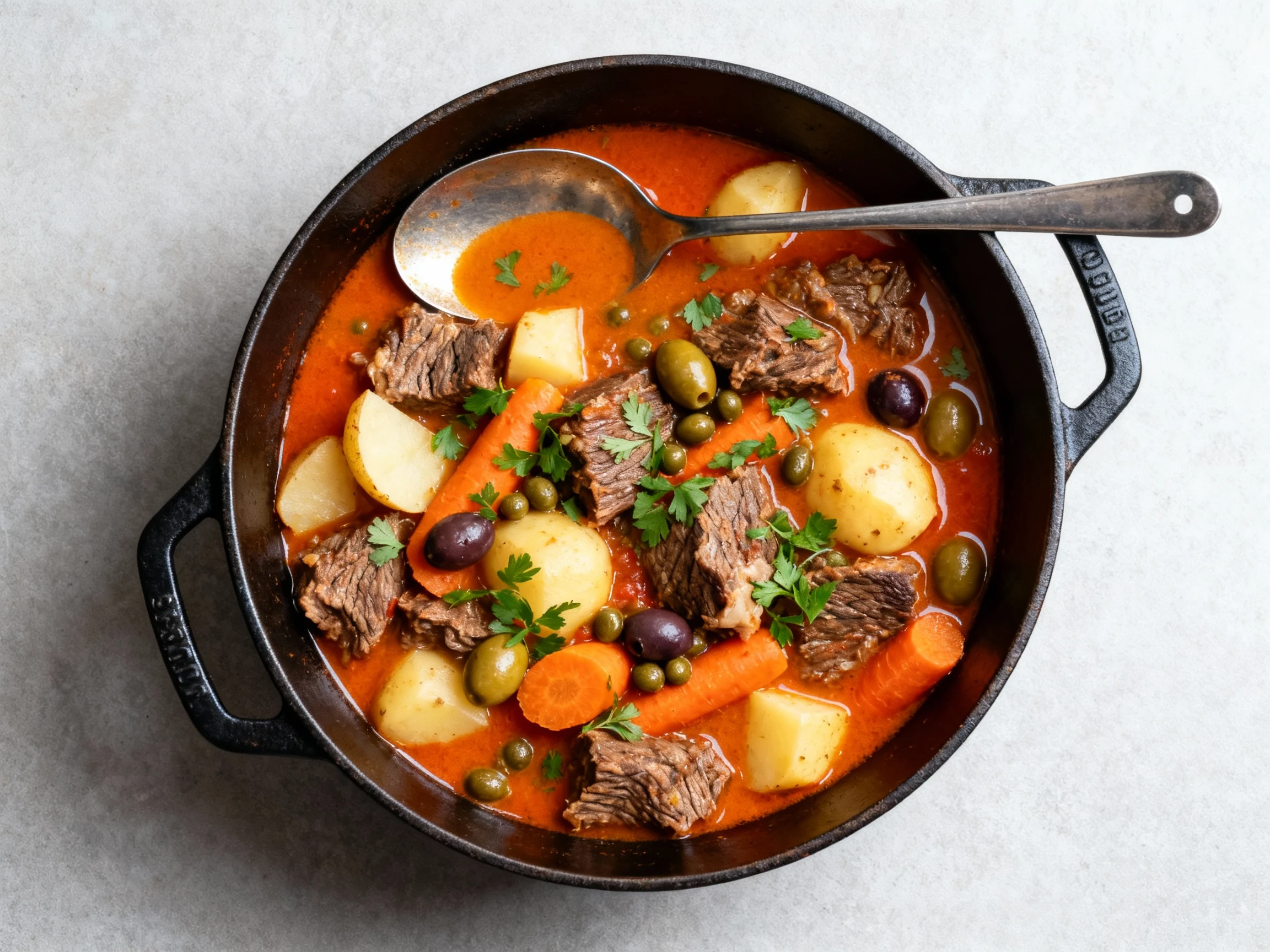 Food photography, 3. Overhead shot of the finished stew in a cast-iron Dutch oven with a ladle resting on the rim: melt-