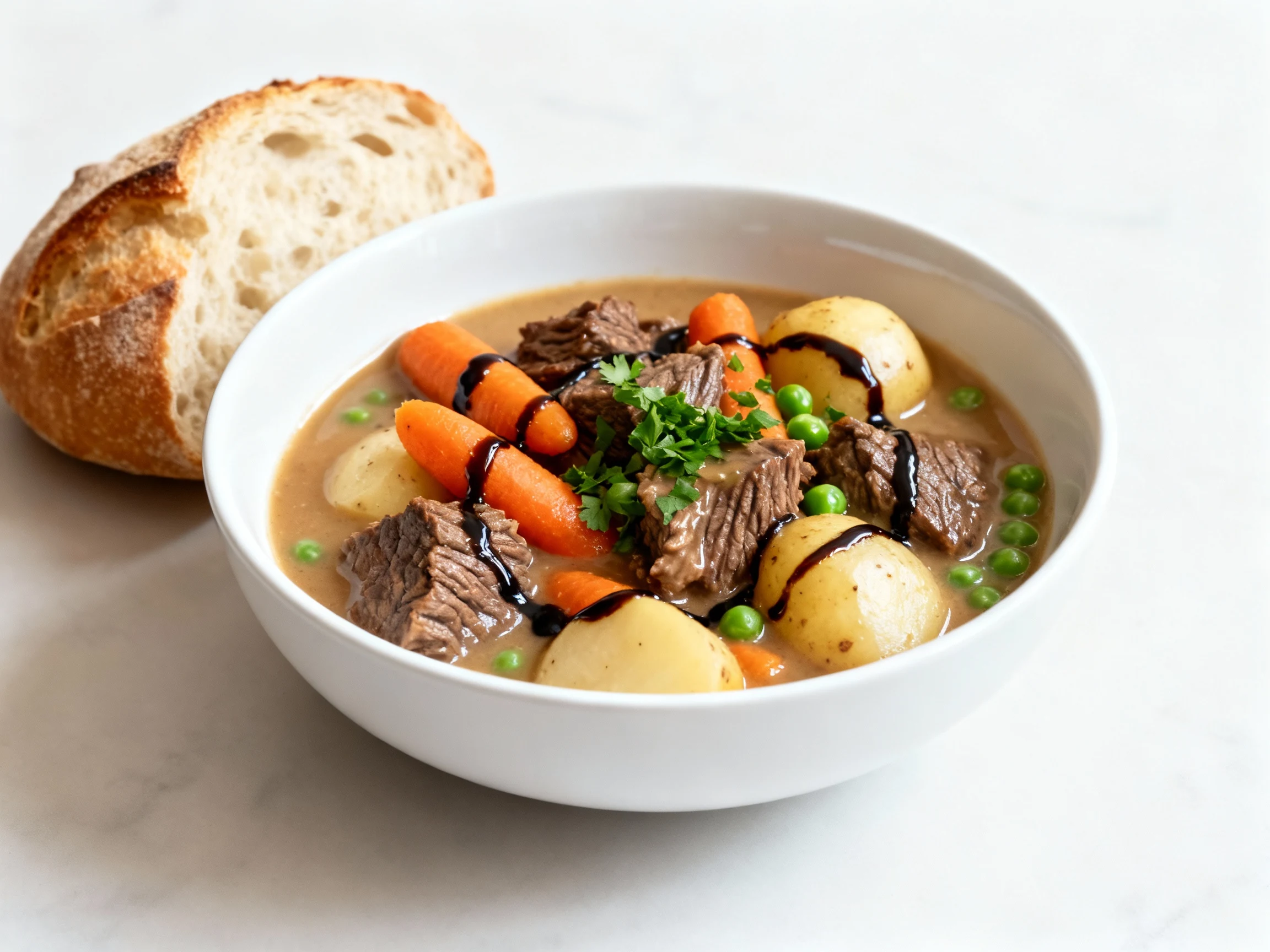 Food photography, Beautifully plated beef stew in a warm white bowl: fork-tender chuck, carrots, Yukon potatoes, and pea