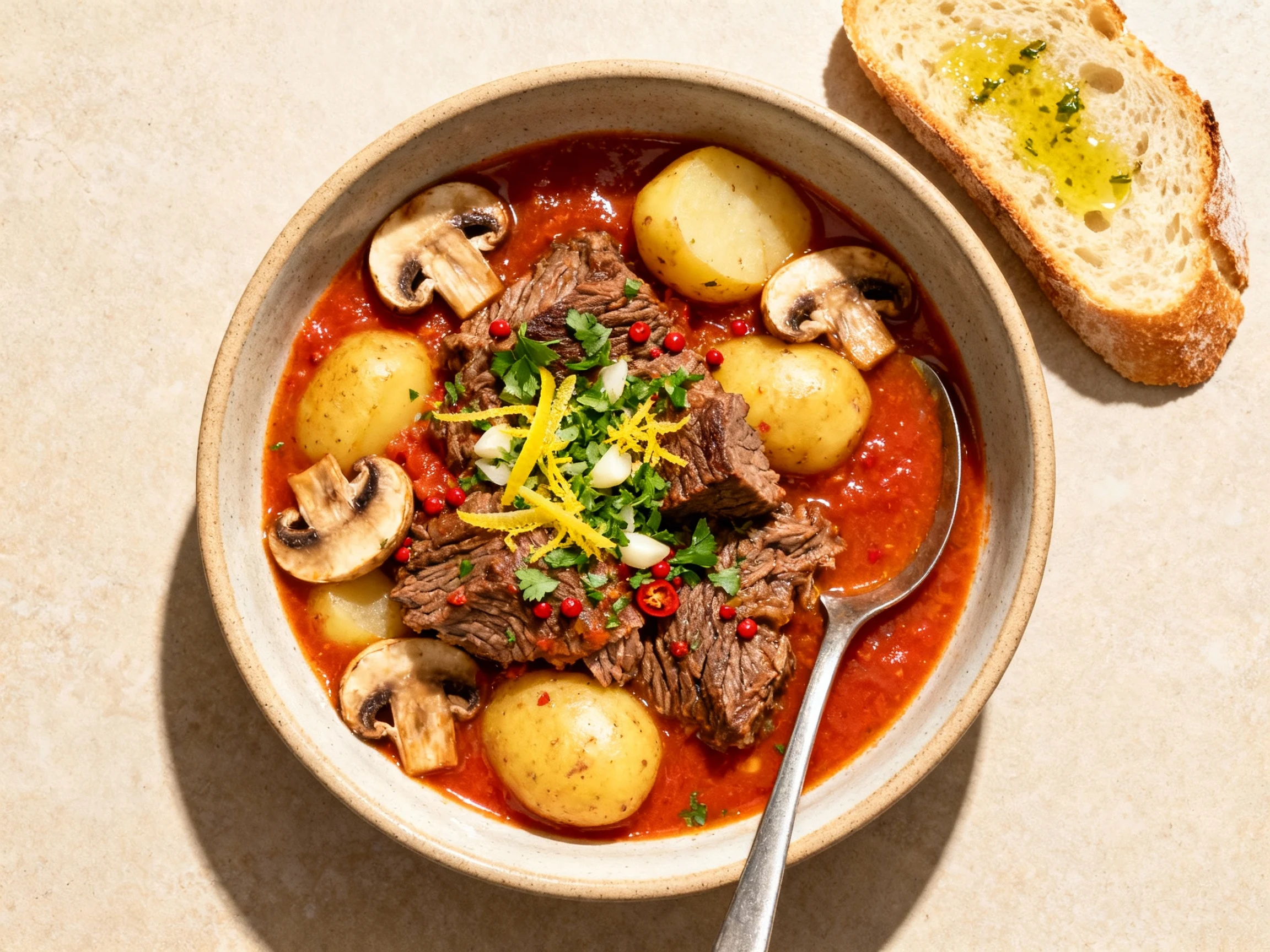 Food photography, Overhead shot of Italian beef stew in warm bowls: top-down view of glossy sauce with spoon-tender chuc