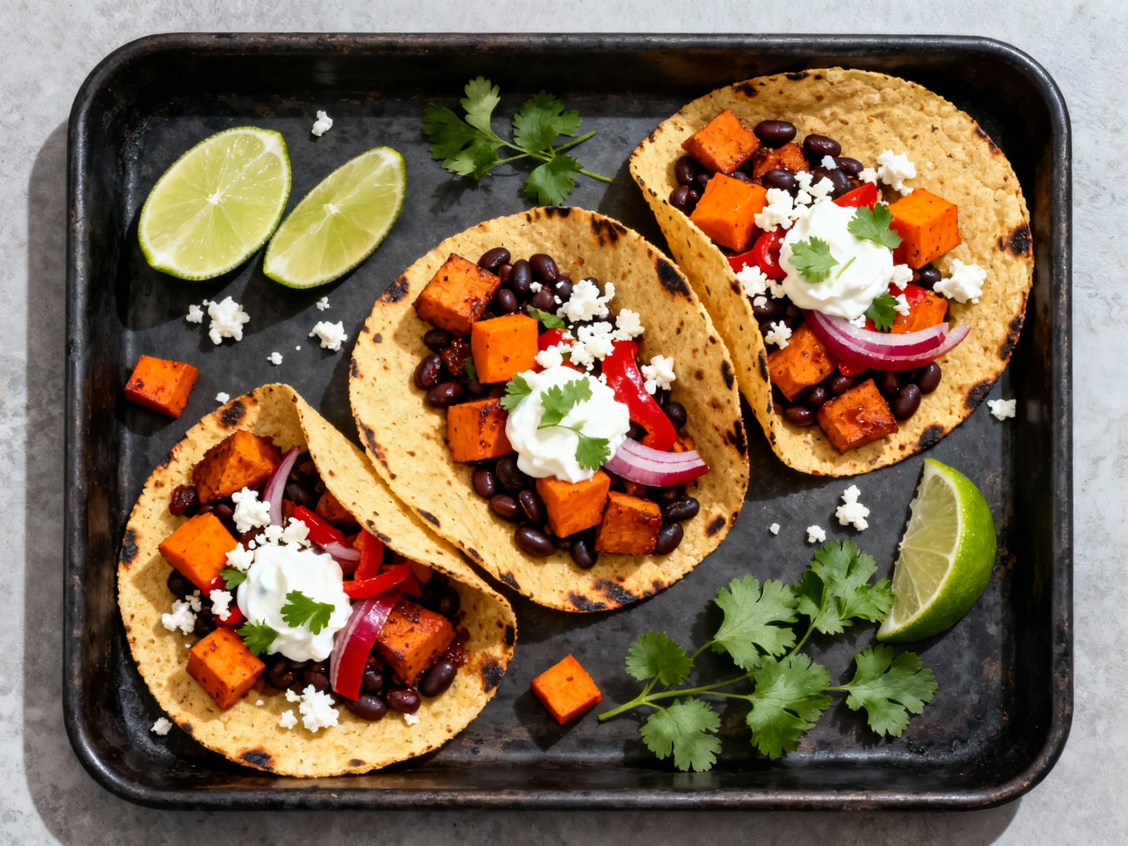 Food photography, Overhead shot of charred corn tacos stuffed with maple-chipotle sweet potatoes and black beans: vibran
