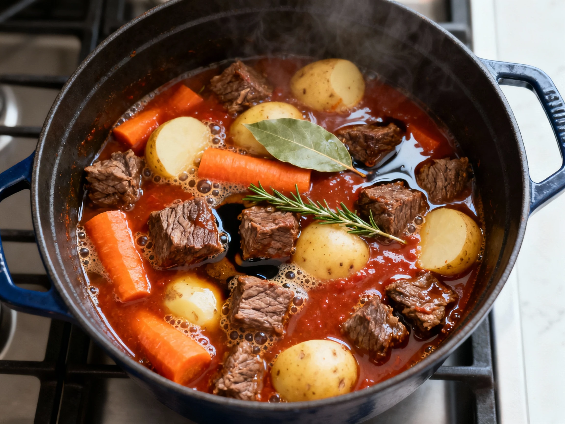 Food photography, Cooking process: Dutch oven at a gentle simmer after hearty veg are added—beef cubes, carrots, and Yuk