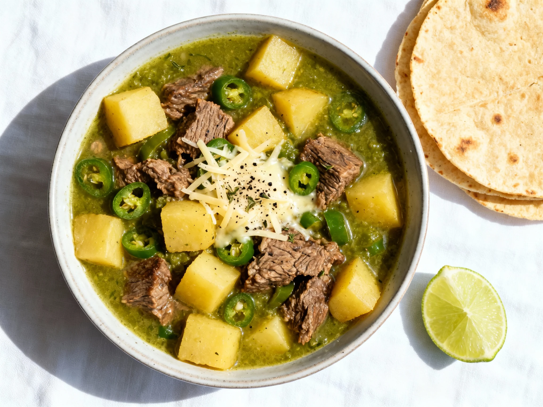 Food photography, Overhead shot of green chili beef stew in a bowl showing golden potato cubes, browned beef, emerald ch