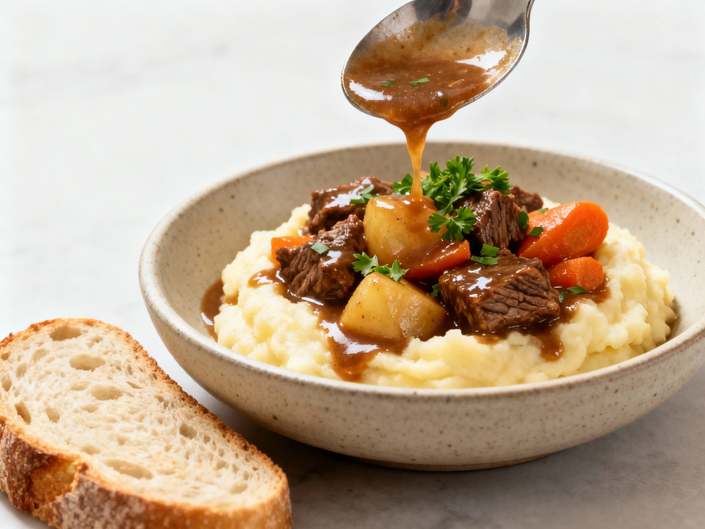 Food photography, Final dish, hero shot: beef stew ladled over buttery mashed potatoes, glossy gravy cascading, beef, ca