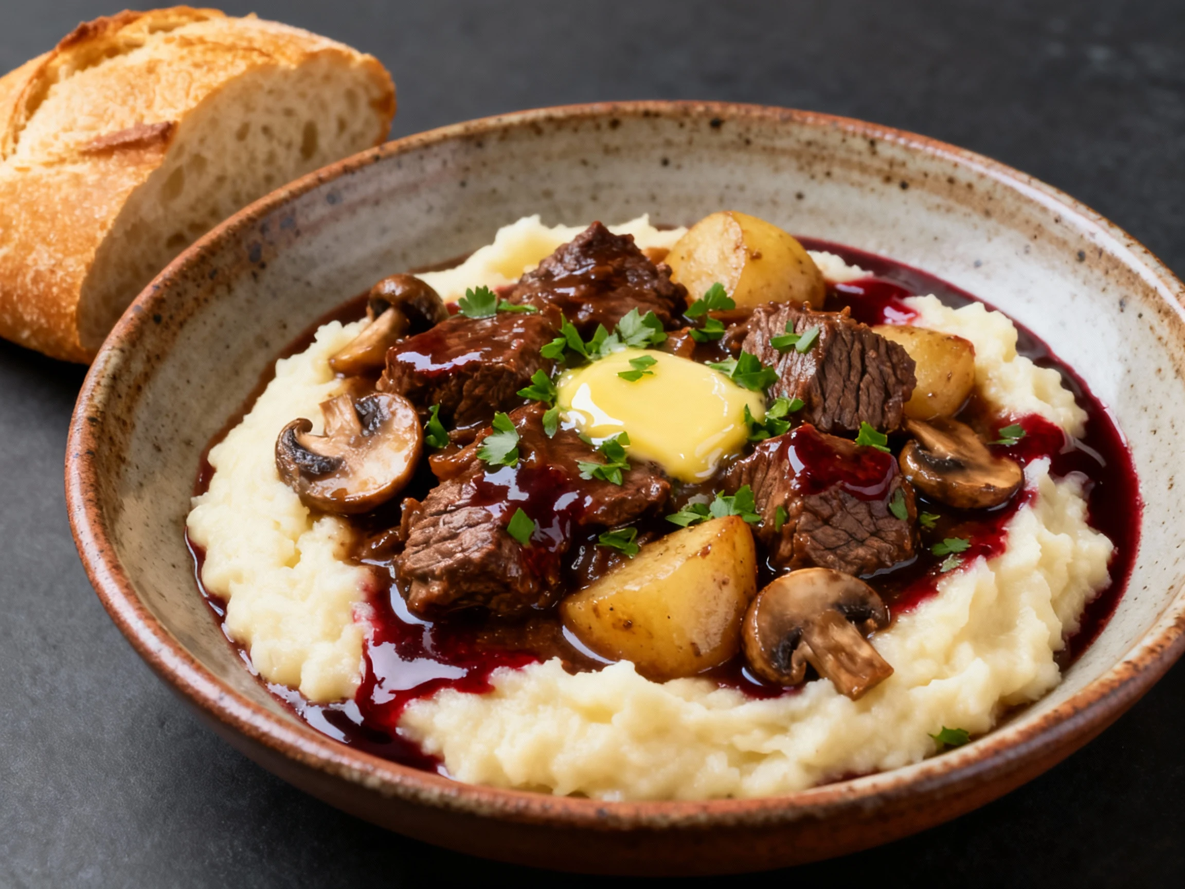 Food photography, 3. Beautifully plated beef stew with red wine ladled over creamy mashed potatoes in a rustic ceramic b
