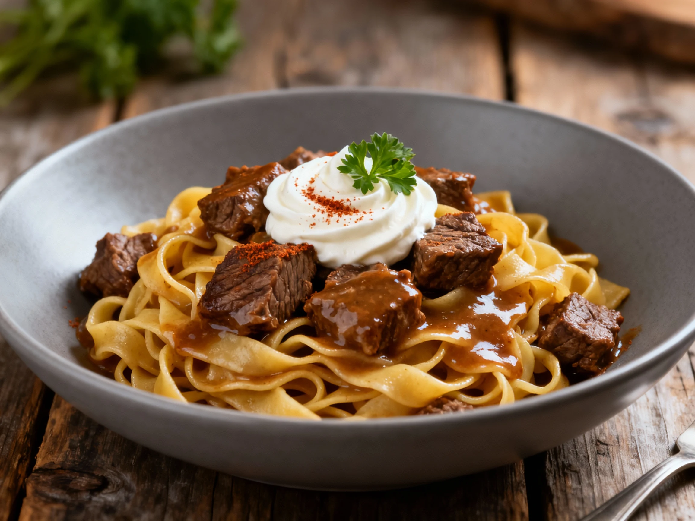 Food photography, Beautifully plated beef and noodles piled high, glossy gravy clinging to golden noodles and tender bee
