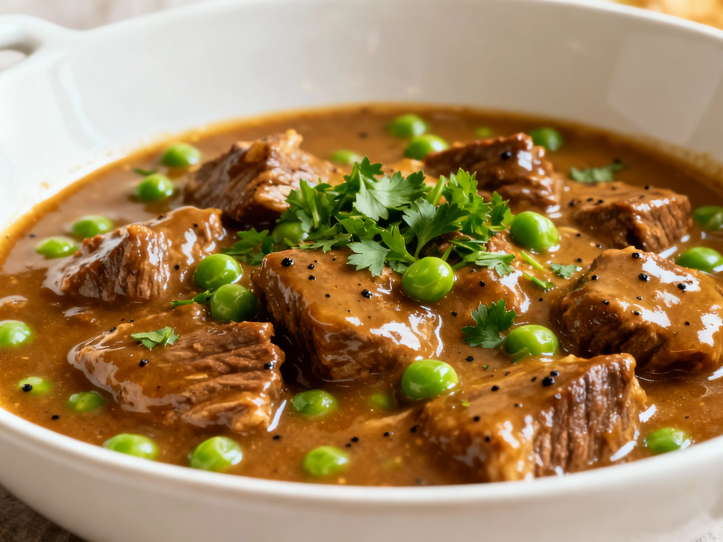 Food photography, Beautifully plated weeknight beef stew in a wide white bowl: spoon-coating thickness from cornstarch s