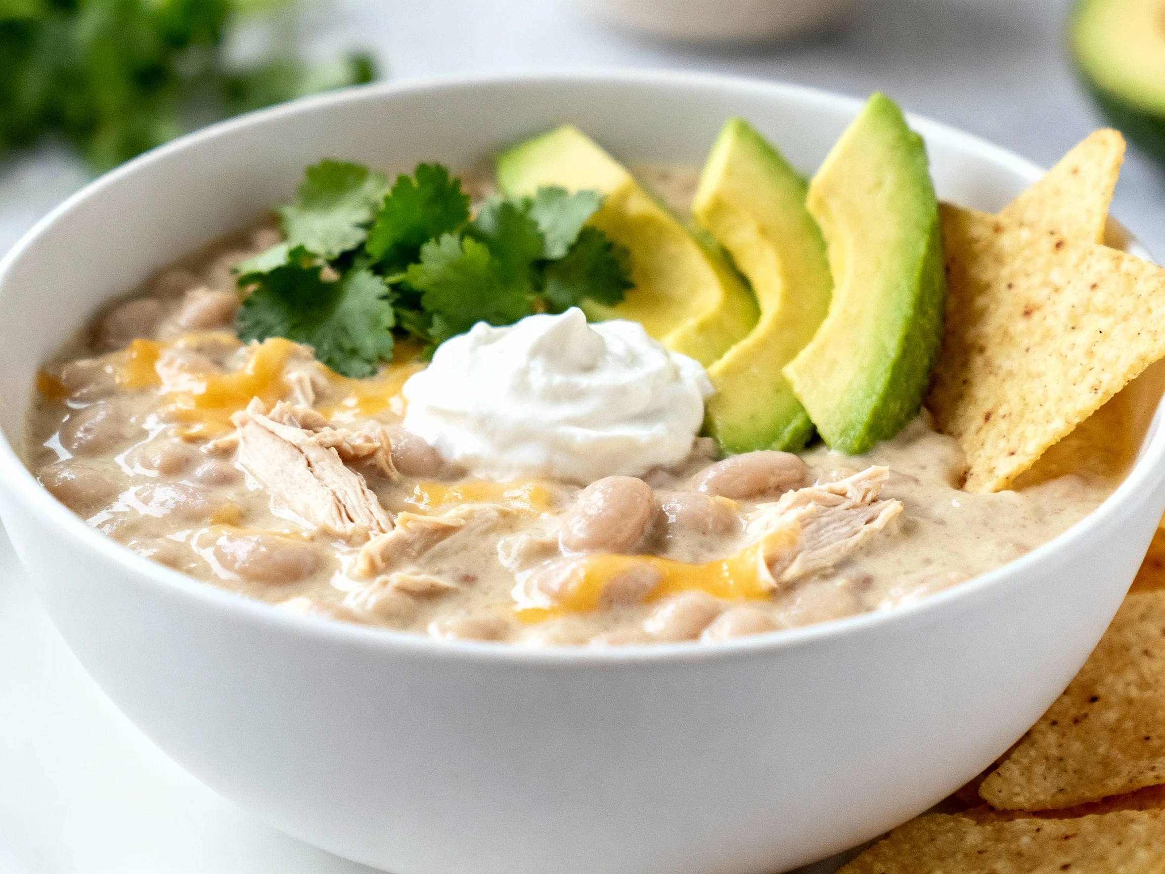 Food photography, 3. Restaurant-quality presentation of creamy white chicken chili in a matte white bowl: thick, silky b