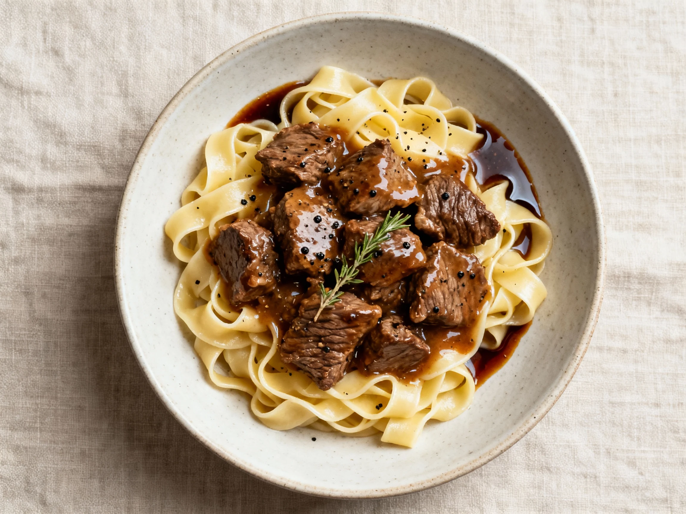 Food photography, 3. Overhead shot of beef tips over buttered egg noodles: cornstarch-thickened sauce clinging to noodle