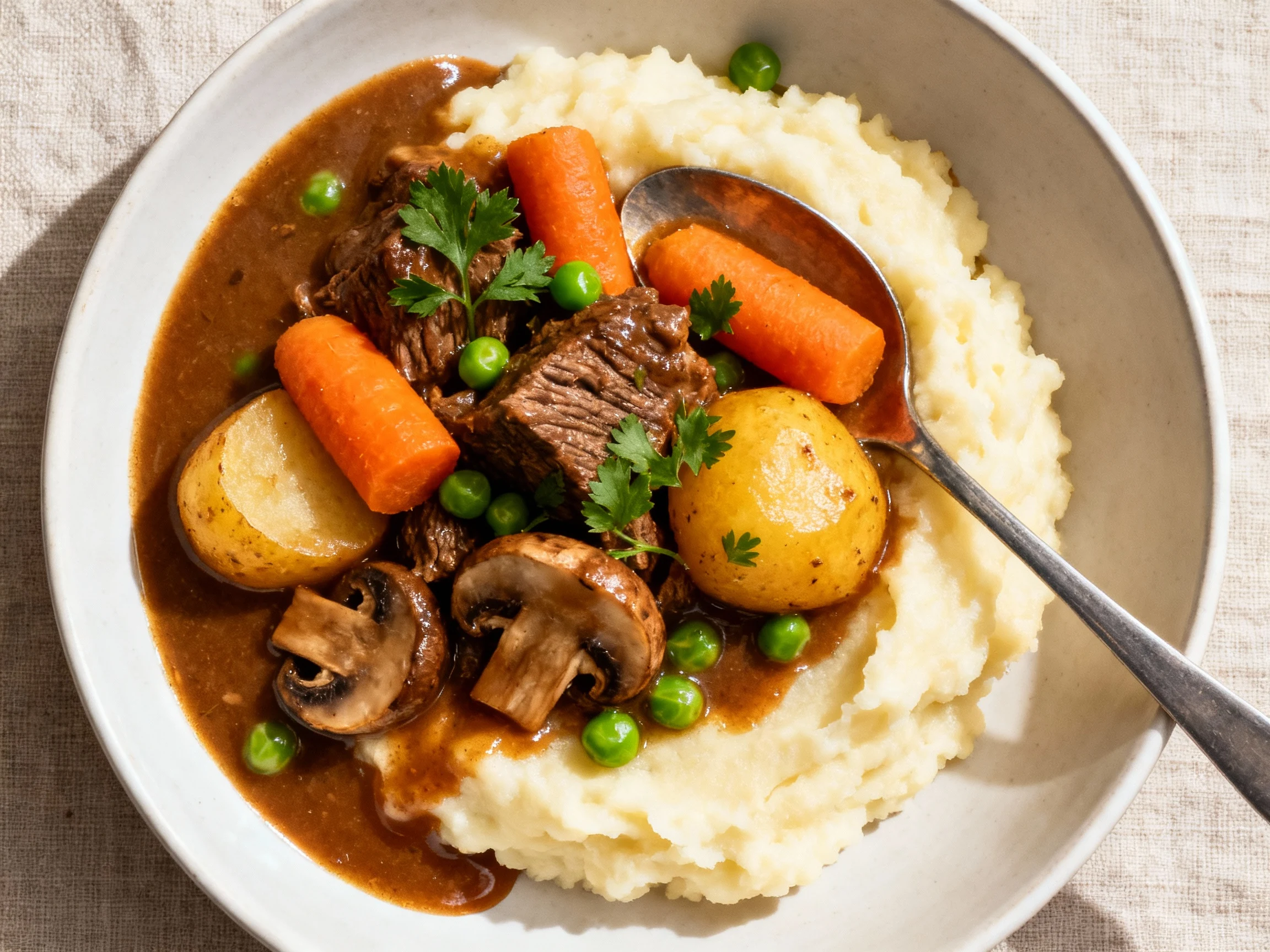 Food photography, Overhead shot of beef stew spooned over creamy mashed potatoes: rich brown gravy pooling, orange carro