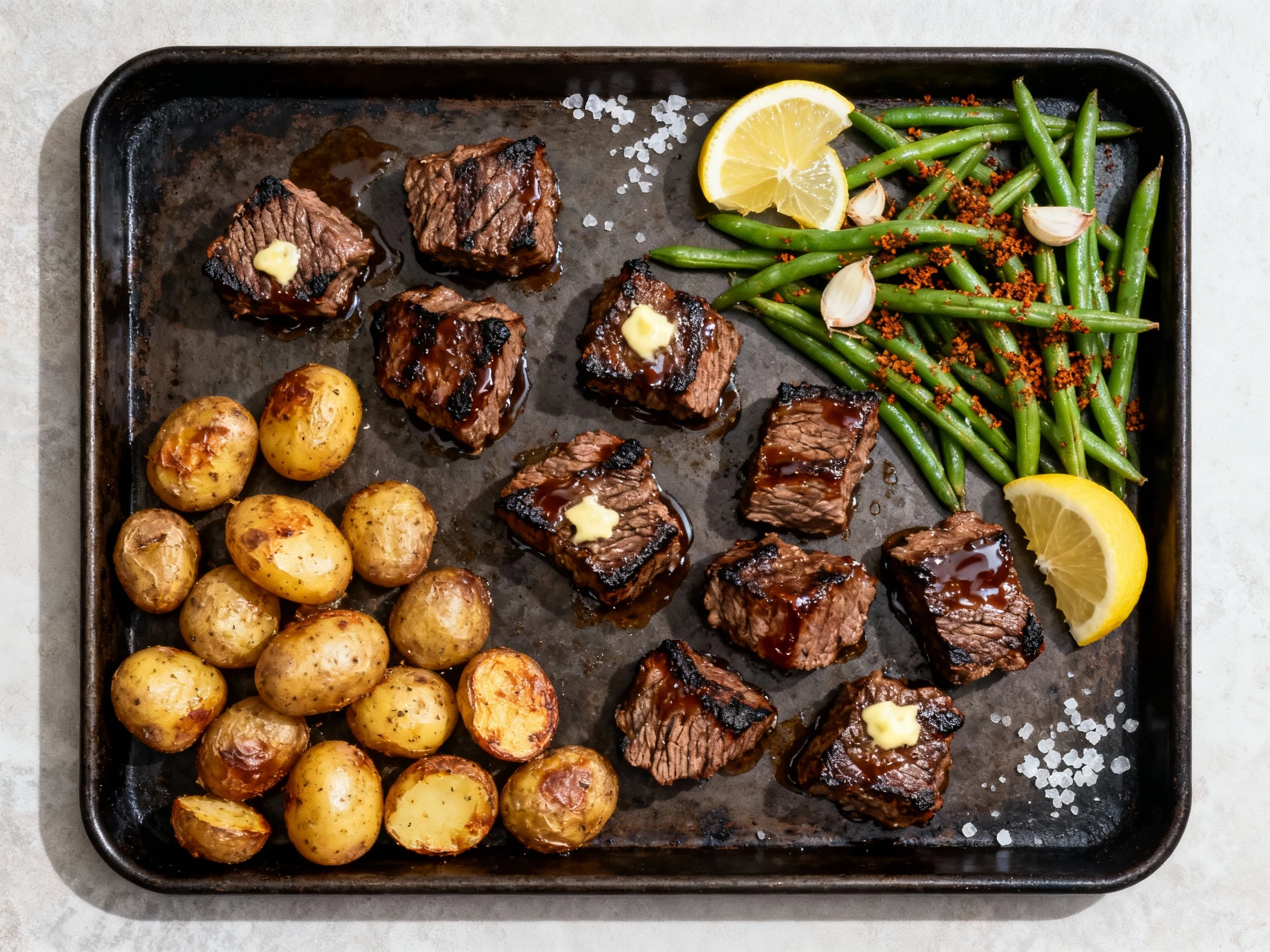 Food photography, Overhead shot of sheet-pan beef tips and veg: roasted baby potatoes and green beans with smoked paprik