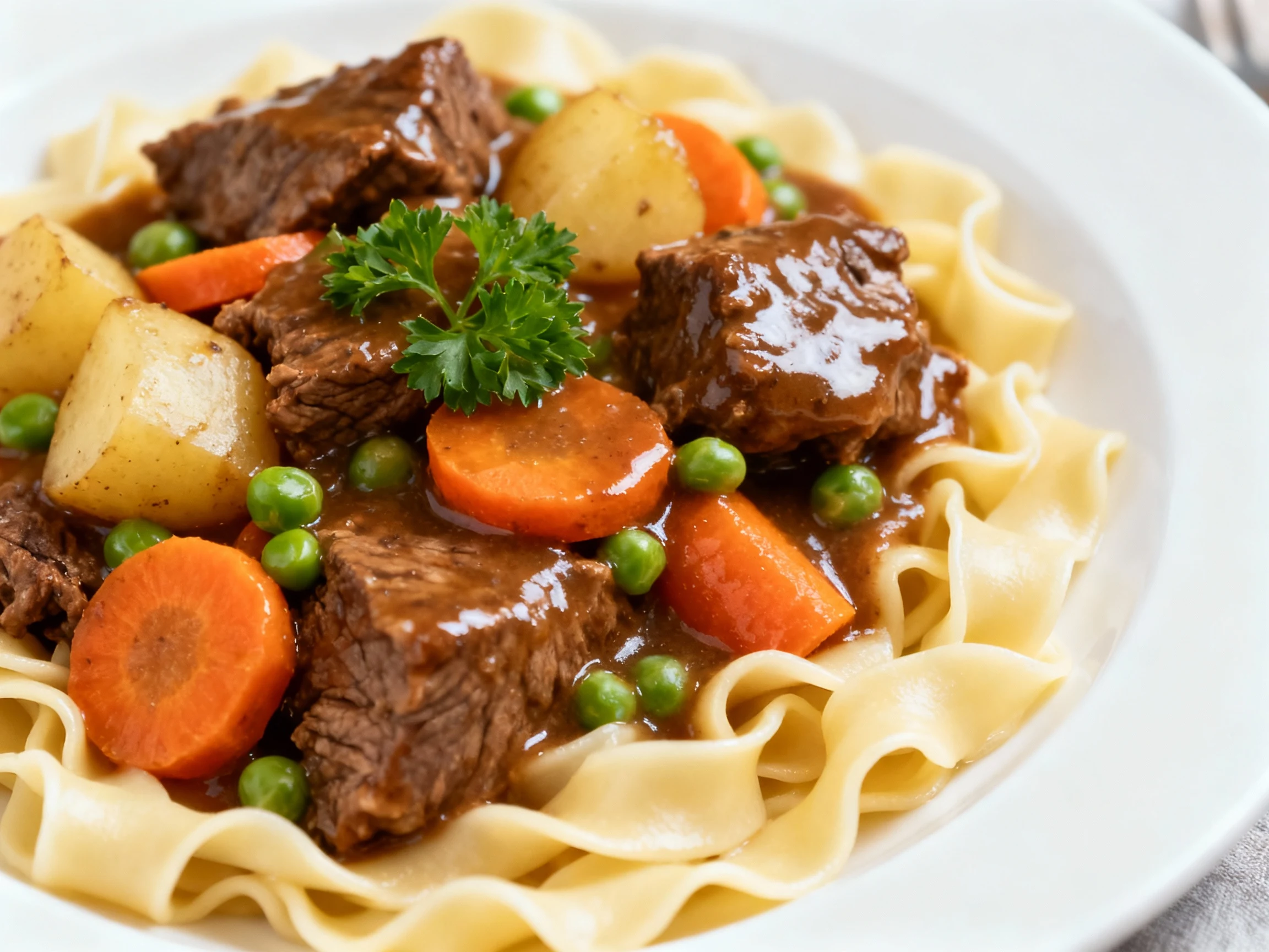 Food photography, Restaurant-quality plating: beef stew ladled over buttered egg noodles; thick, glossy gravy coating be