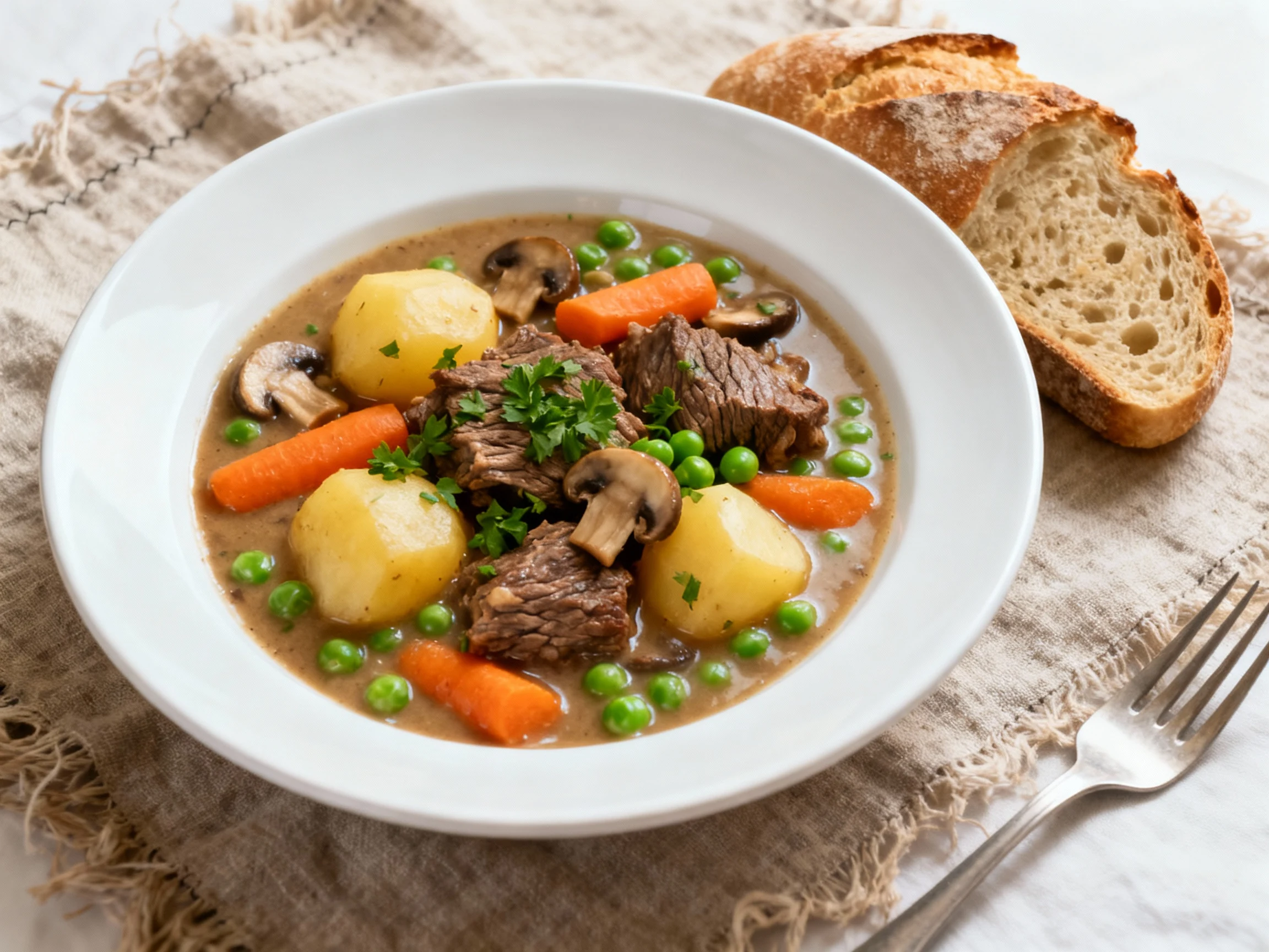Food photography, Final plated beef stew in a wide white bowl: fork-tender chuck, golden potatoes, orange carrots, mushr