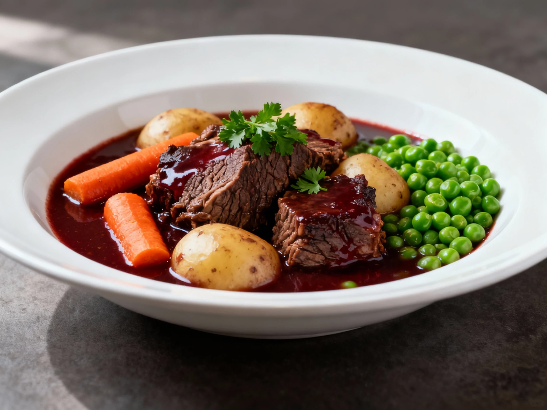 Food photography, Beautifully plated beef stew in a wide white bowl: tender chuck, carrots, and potatoes in a deep mahog