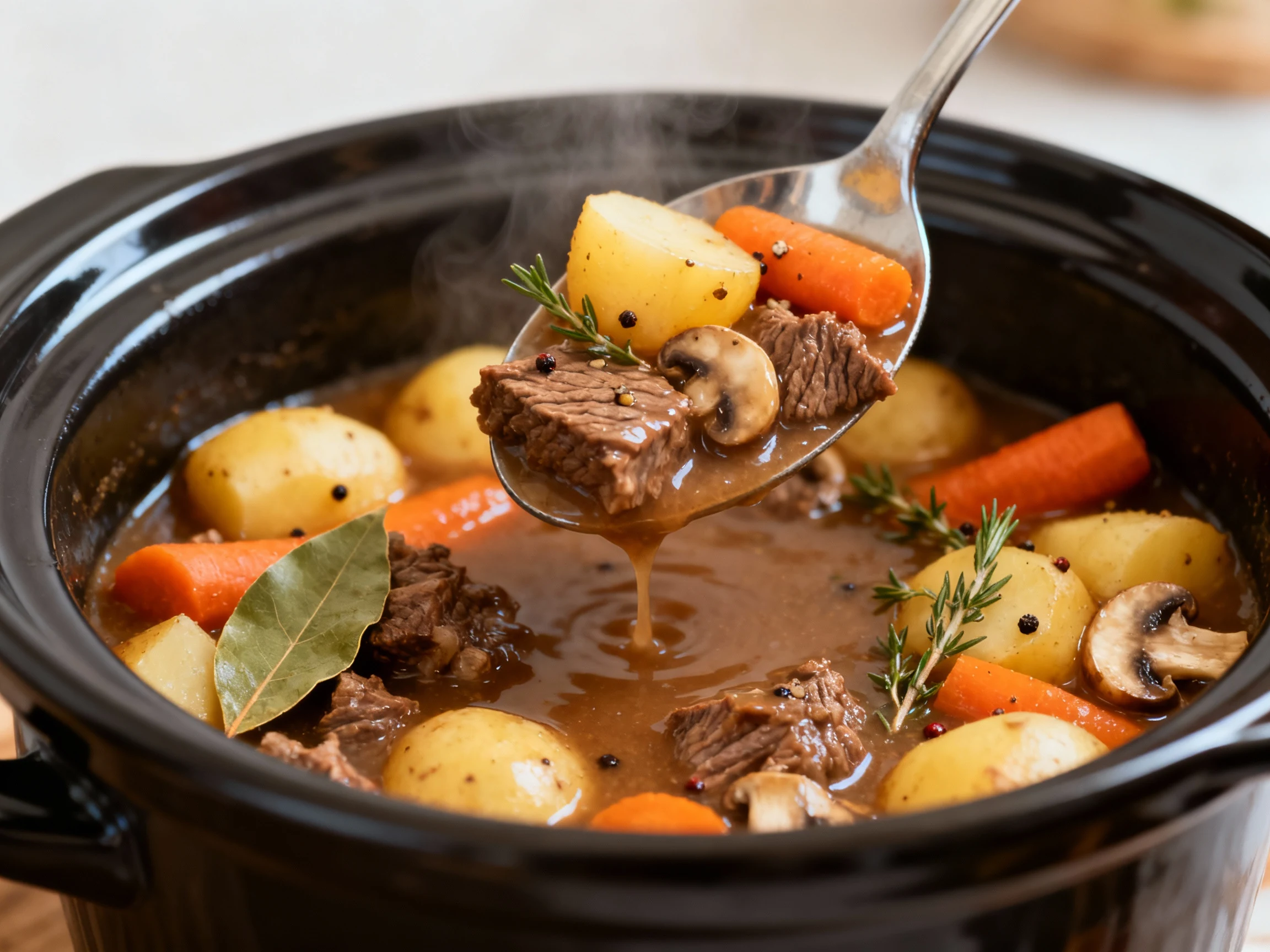 Food photography, Close-up detail: ladle lifting arrowroot-thickened beef stew from a crock pot—fork-tender beef, golden