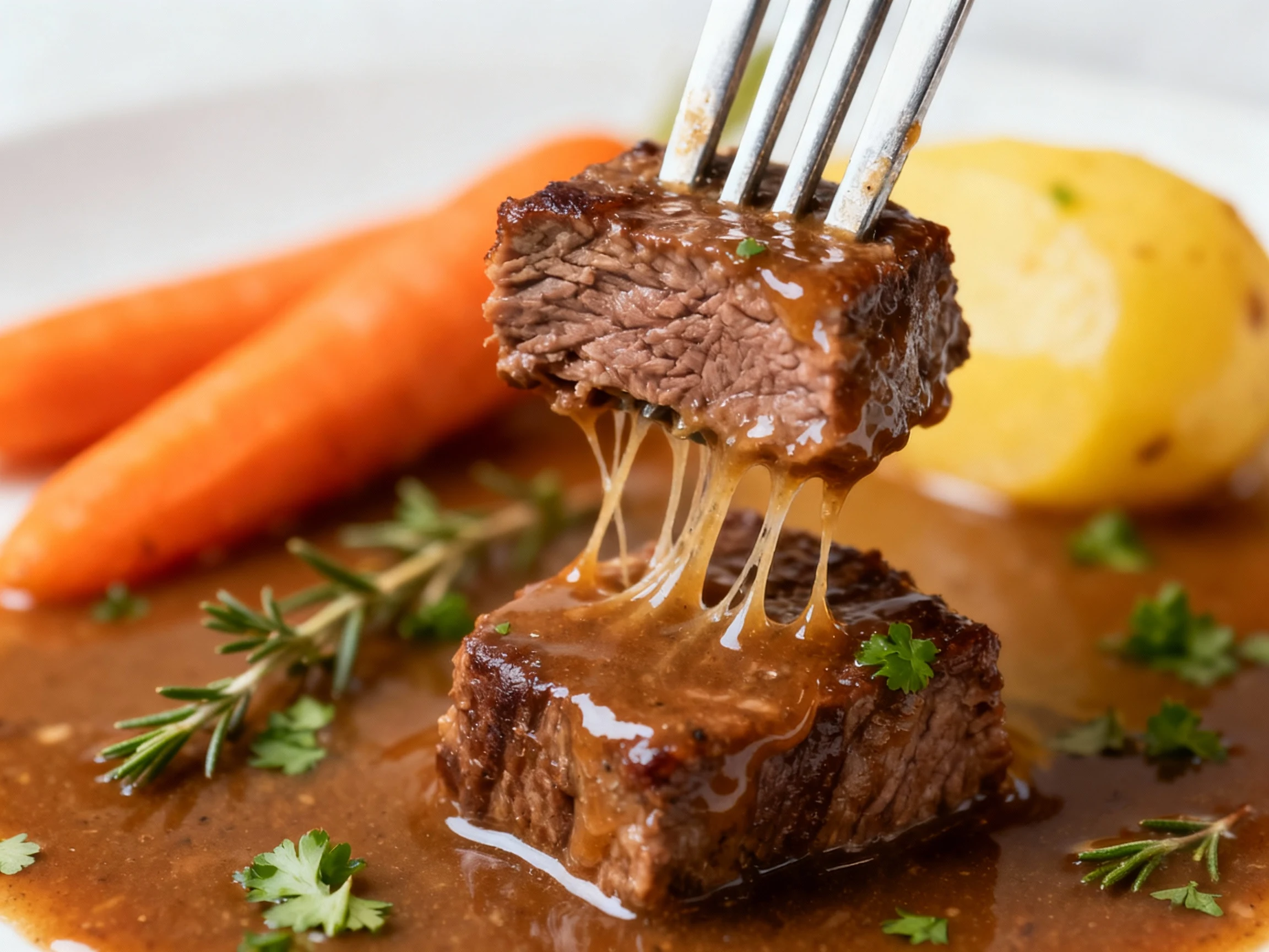Food photography, Macro detail of a beef chuck cube yielding to a fork, strands glistening with silky, umami-rich gravy;