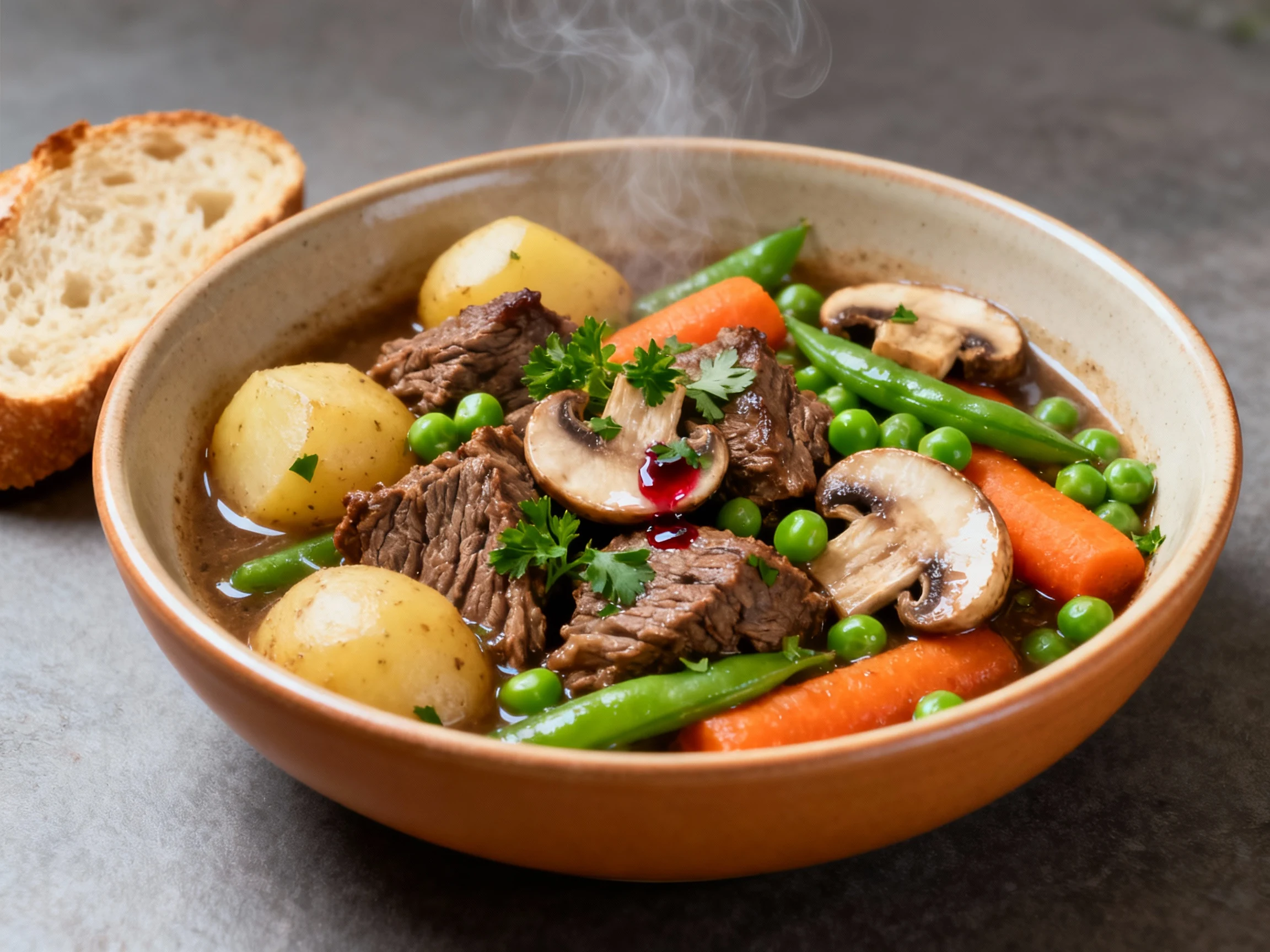 Food photography, 3. Beautifully plated final beef vegetable stew in a warm ceramic bowl: tender beef, intact potatoes a