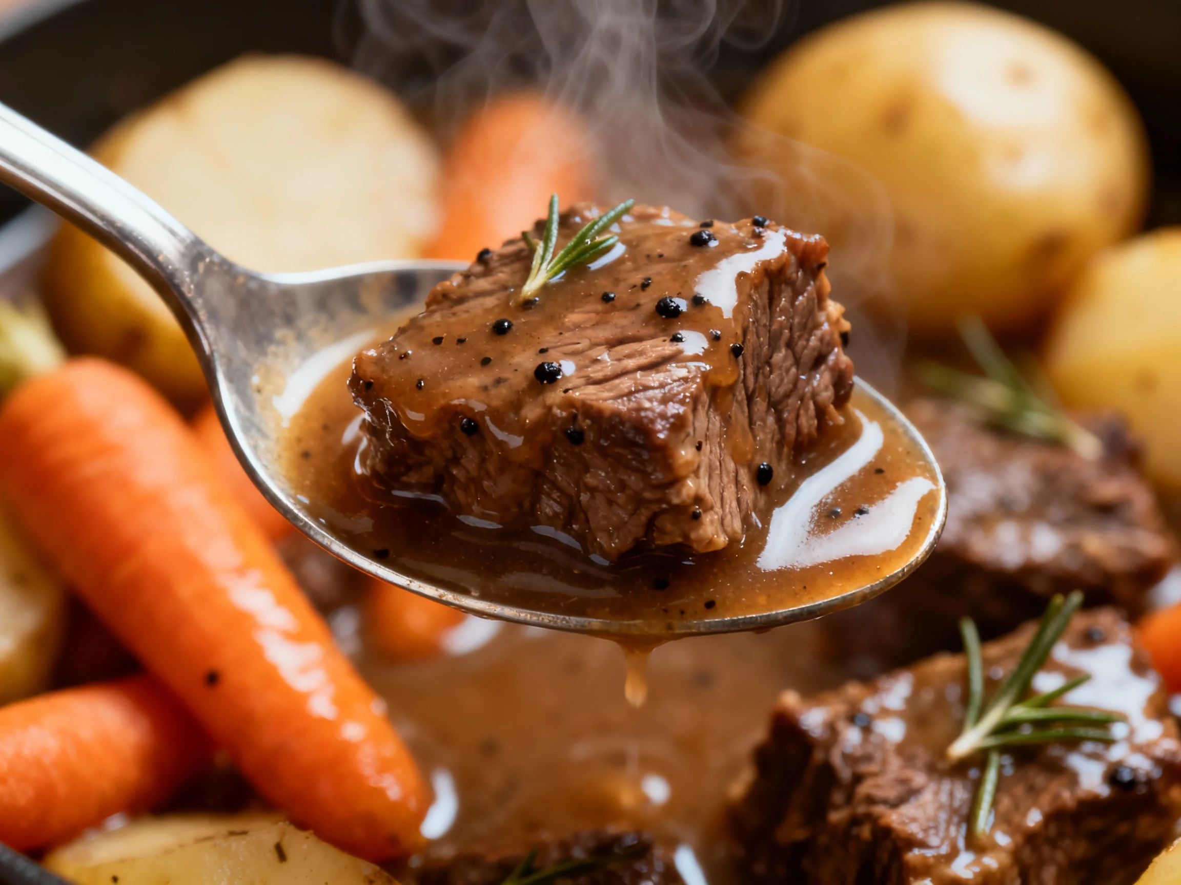 Food photography, Macro close-up: a spoon lifting a chunk of braised beef coated in silky, gelatin-gloss gravy with flec