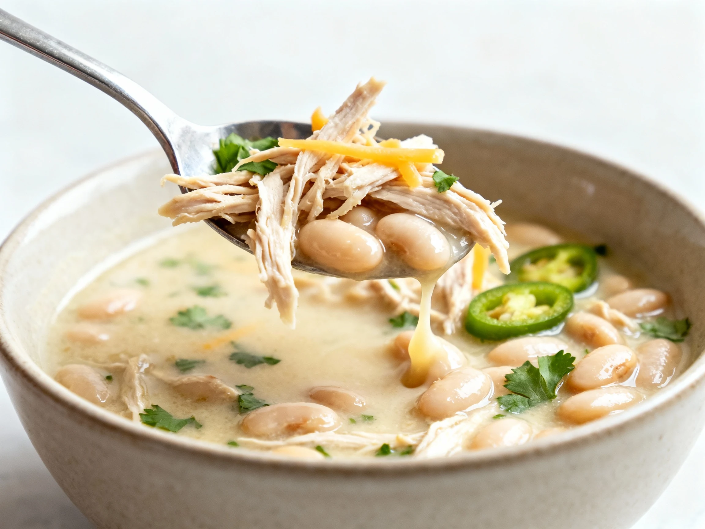 Food photography, 3. Close-up spoon lift from a bowl of white chicken chili showcasing juicy shredded chicken strands, i